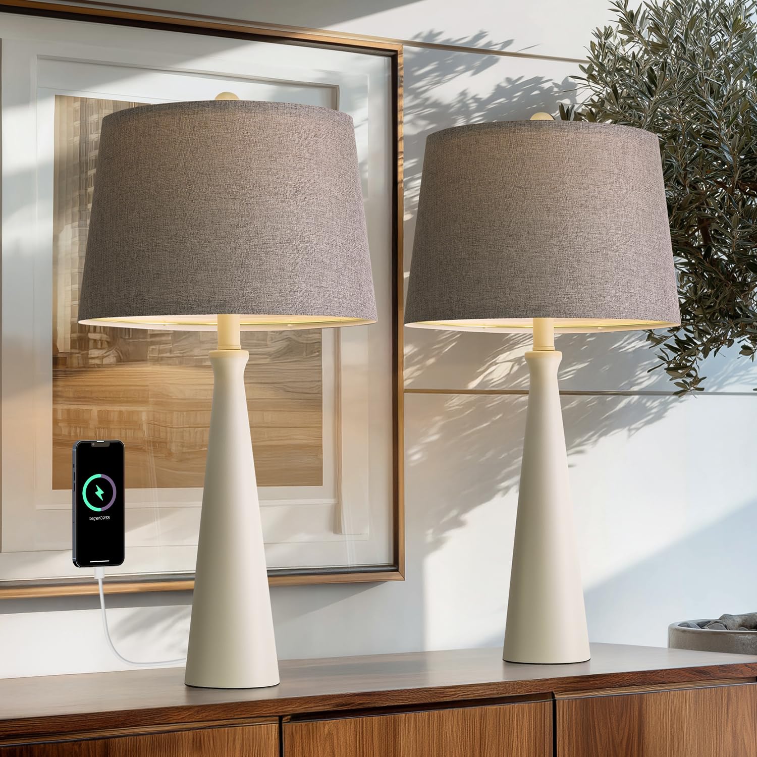 Photo 1 of Oneach 25.75" Modern Table Lamp for Bedroom Set of 2, USB C Port, White
