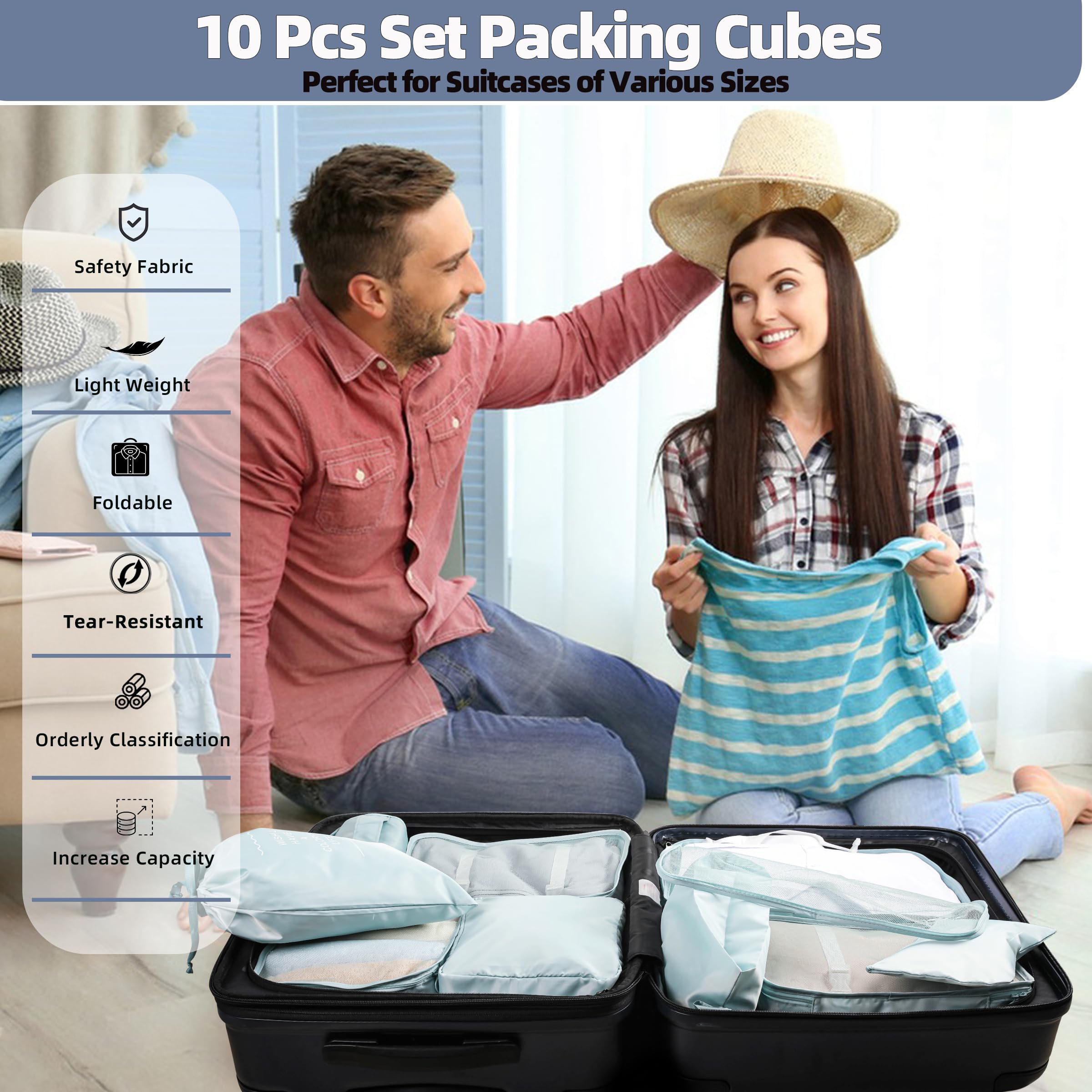 Juego de 10 cubos de embalaje para viajes, organizador de maletas esenciales de viaje, bolsas organizadoras de equipaje, organizadores de equipaje expandibles, bolsas de viaje, cubos de embalaje para