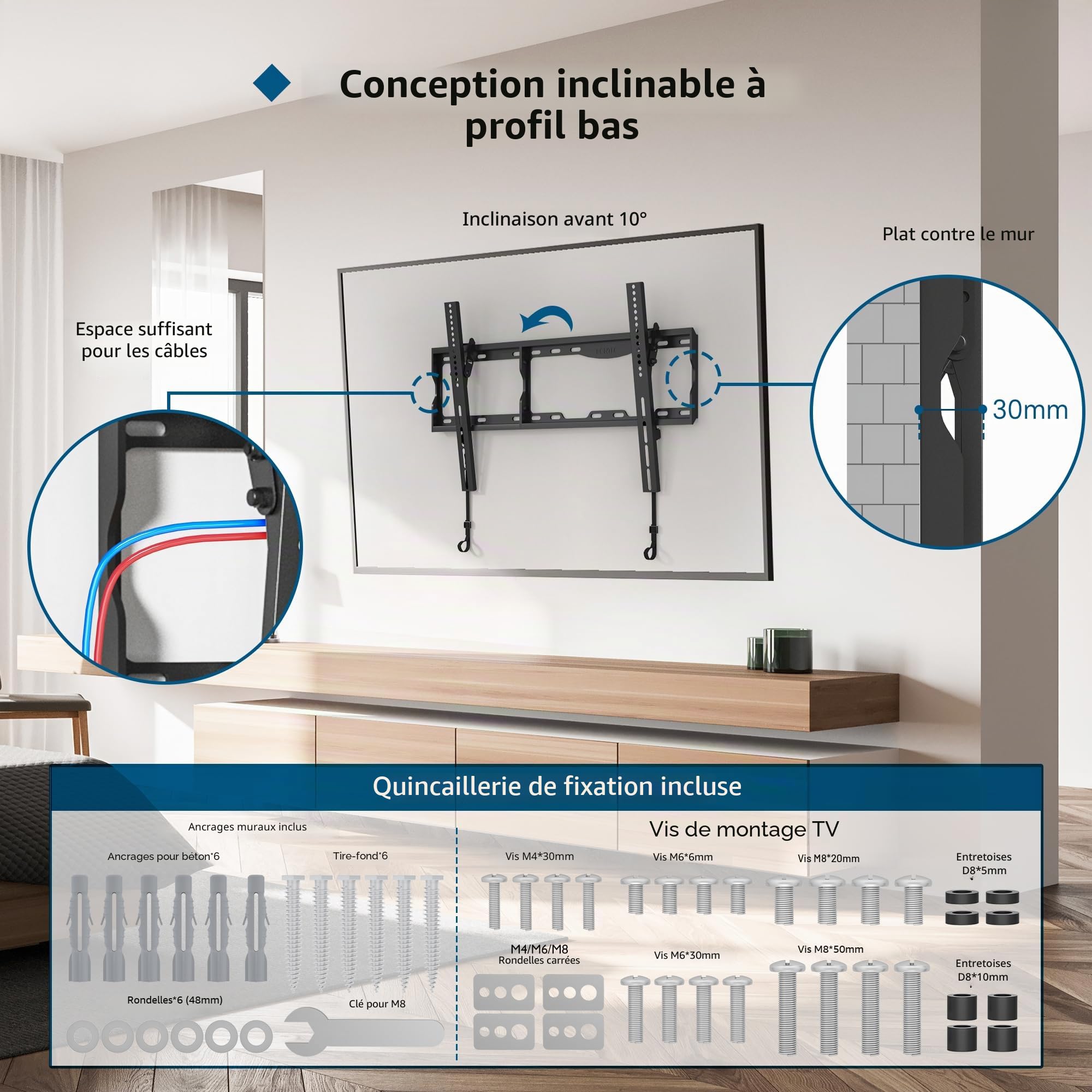 BONTEC Support Mural TV 17-86 Pouces, Fixation Murale Inclinable jusqu'à 75 kg, Compatible VESA 75x75 à 600x400mm, Support TV Mural Orientable avec Niveau à Bulle et Attaches de Câble Inclus