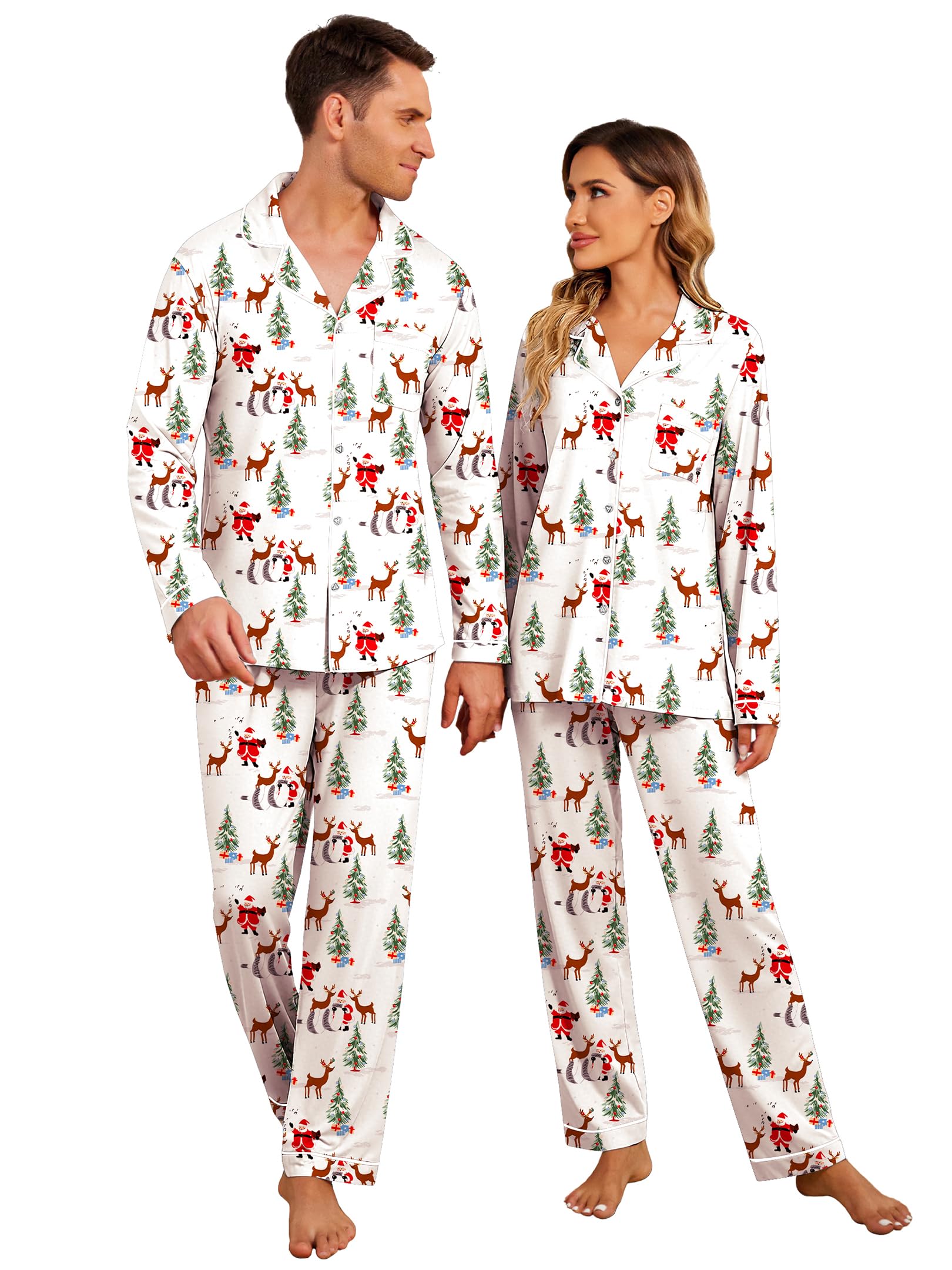 Christmas Family Matching Pajamas Long Sleeve Button Down Pj Set Festival Party Sleepwear, White/Christmas Elements, Medium-image-32
