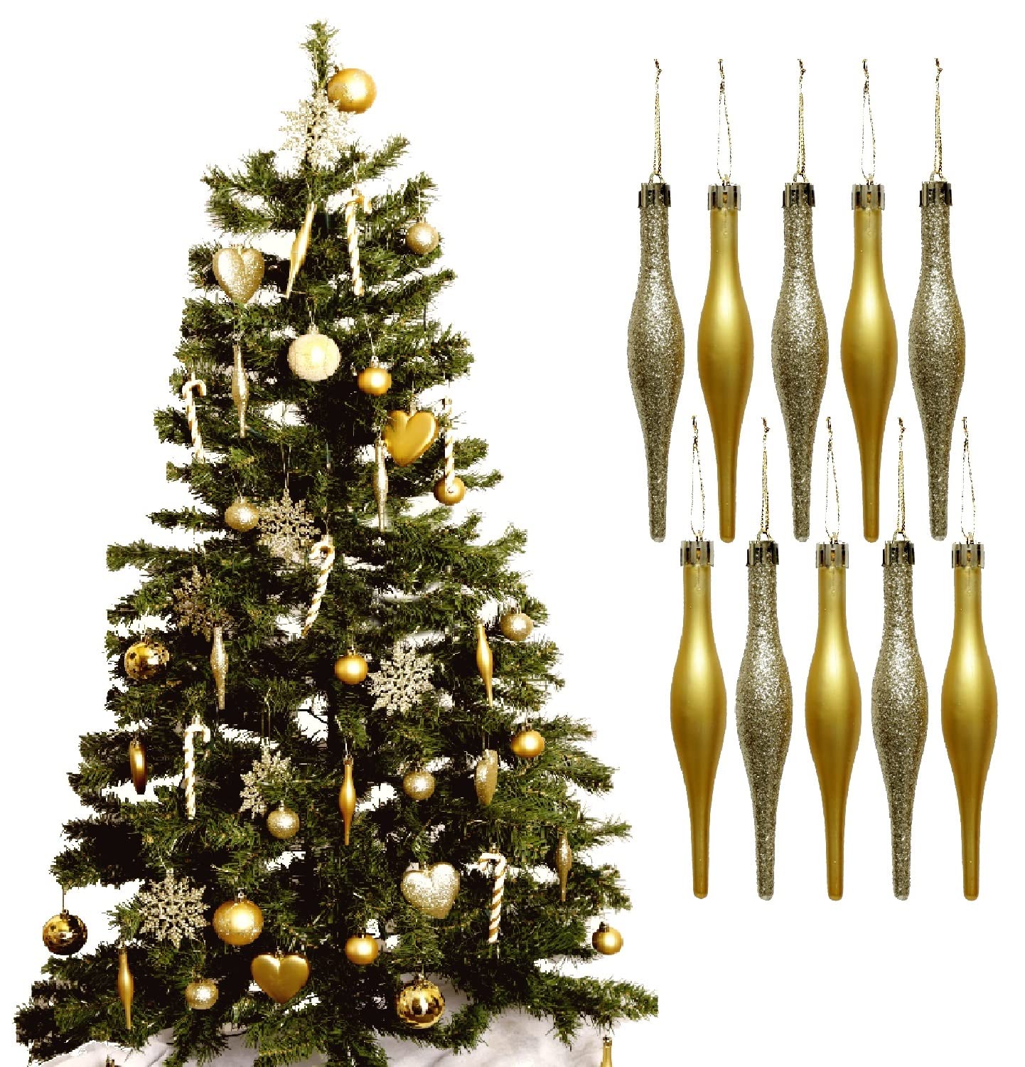 Simply Products Gold Glitter & Matte 10 Droplet Baubles - Great Christmas Tree Decoration, Matte & Glitter Icicle Baubles (Gold Glitter & Matte)