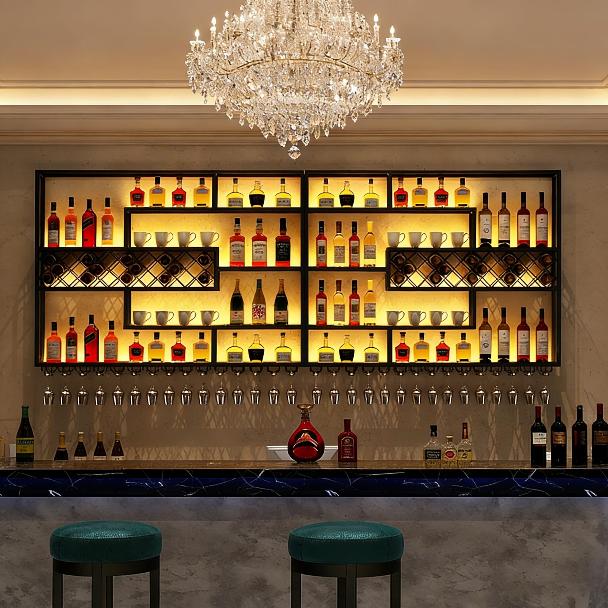 Moderno Botellero Montado en la Pared, Grande Estante de Vino Industrial de Metal con Portavasos, 4 Niveles Flotante para Exhibición de Vino para Barra, el hogar, Restaurante (199CM)