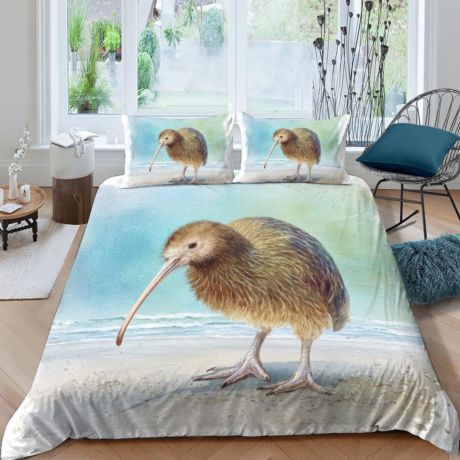 GPLZQXKJNH 3D Printed Kiwi Bird Duvet Cover Microfiber Soft Breathable Beach Scene Bedding Set with 2 Pillowcases for Bedroom Decor Single（135x200cm）