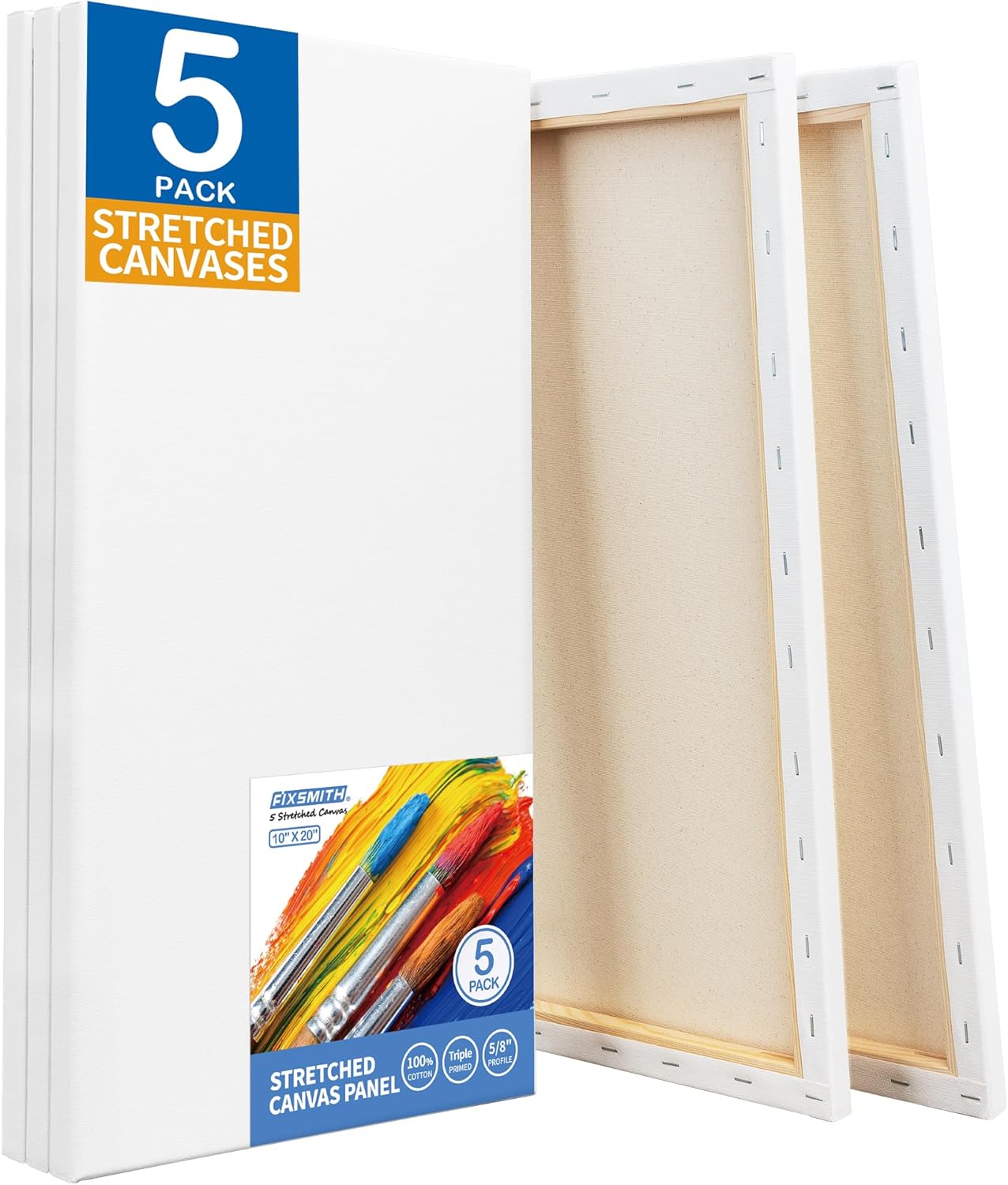 FIXSMITH Stretched White Blank Canvas - 10x20 Inch, 5 Pack,Primed Large Canvas,100% Cotton,5/8 Inch Profile of Super Value Pack for Acrylics,Oils & Other Painting Media 10"x20" 5