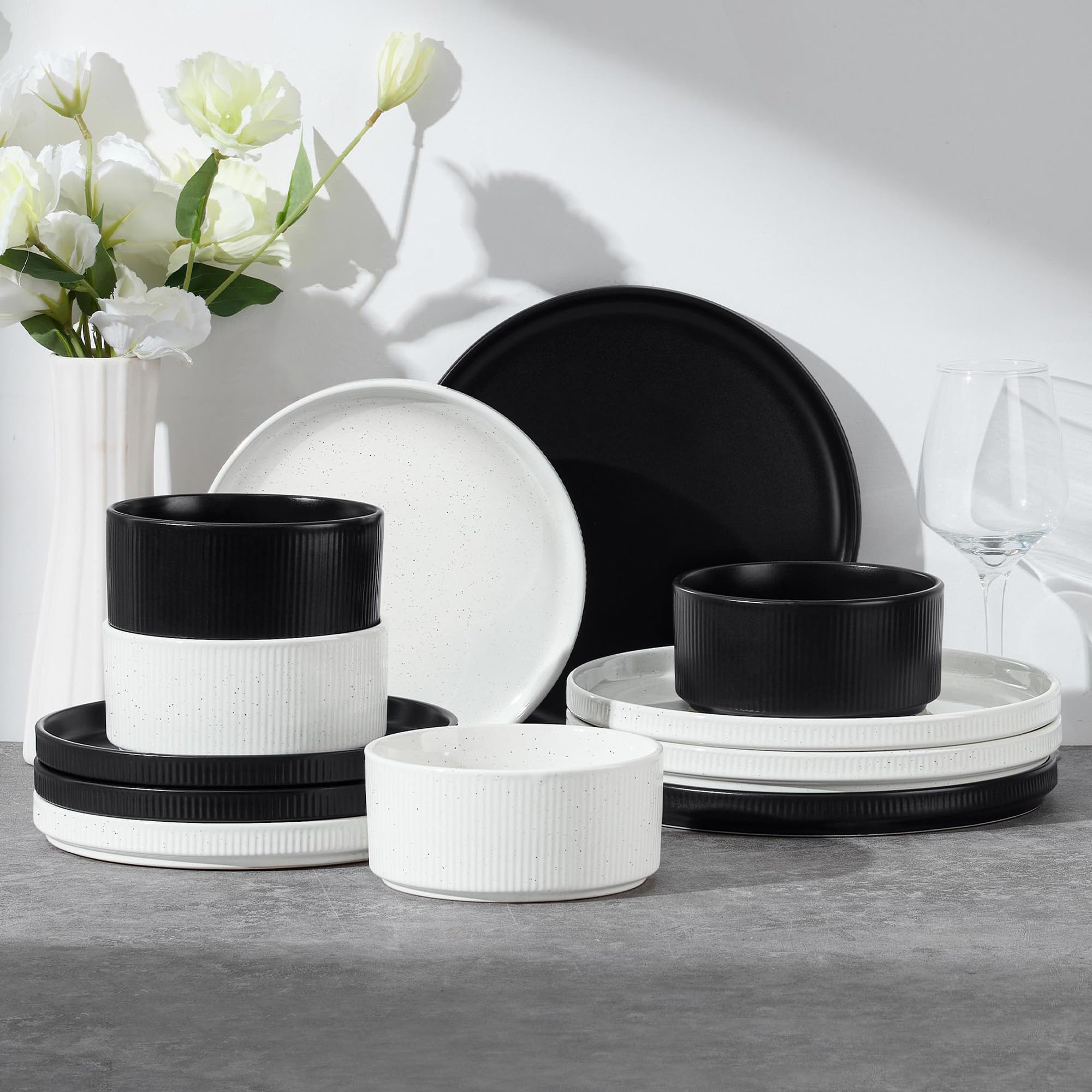 E-far 12-Piece Plates and Bowls Sets, Stoneware Dinnerware Dishes Sets for 4, Chip &amp; Scratch Resistant Ribbed Dish Set for Home Restaurant, Microwave &amp; Dishwasher Safe Speckled White &amp; Matte Black