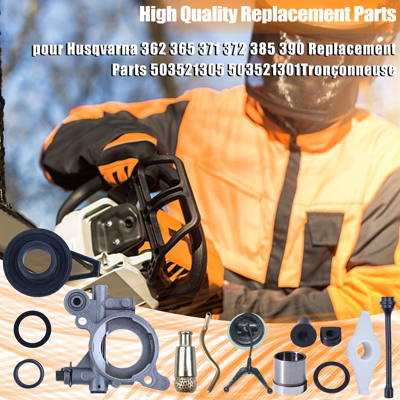 Pompa Olio per Husqvarna 362 365 371 372 385 390 Parti di Ricambio 503521305 50352130 Motosega,Pompa Olio Kit con Tiranteria Dell'acceleratore Tubo Dell'olio Rondella Maniglia