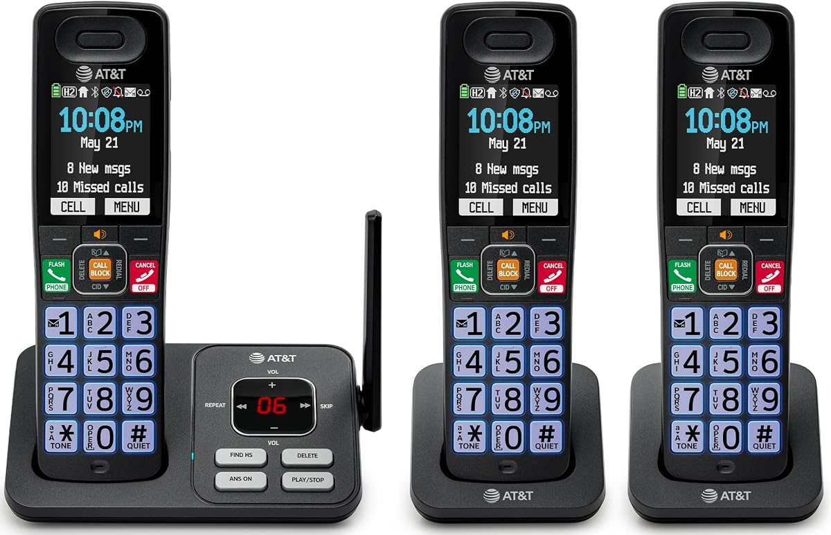AT&T DECT 6.0 Cordless Phone, 3-Handset – Smart Call Blocker, Bluetooth Connect to Cell, Answering Machine, 2.4" Color Display | BL108-3