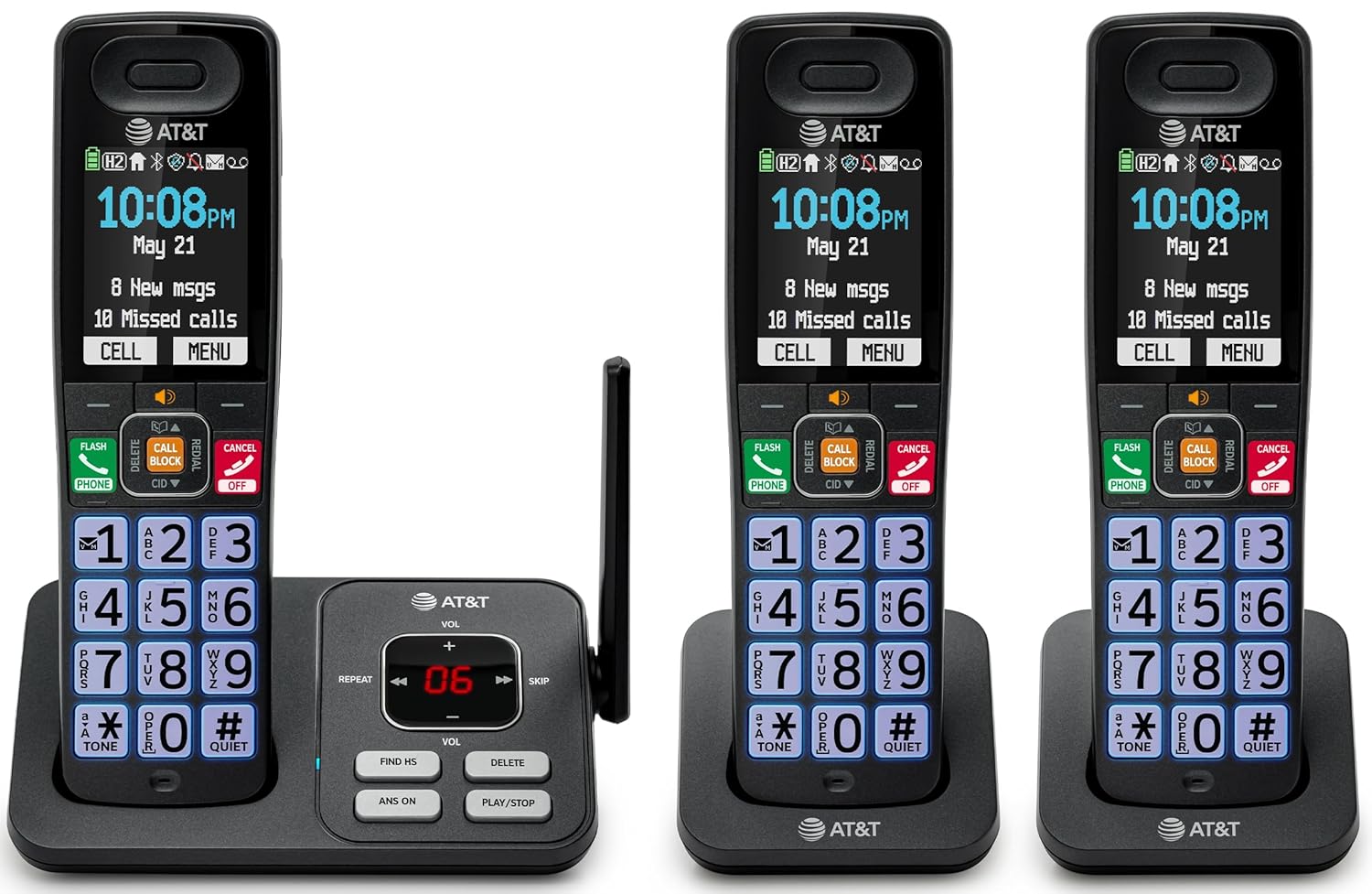 AT&T BL108-3 Cordless Phone System: 3 Handsets, Smart Call Blocker, Connect to Cell, Big Buttons, Large Color Display, Long Range
