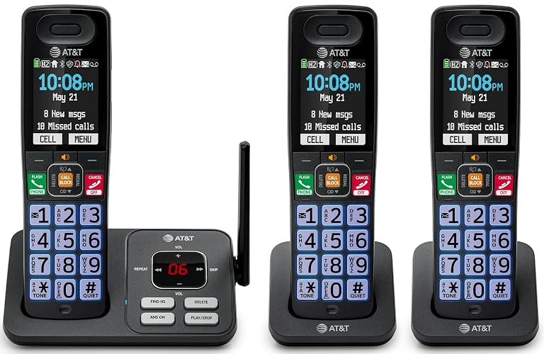 AT&T 3 Handsets Cordless Phone with Answering System — BL108-3 | Large Display and Big Buttons, Flashlight, Smart Call Blocker, Bluetooth Connect to Cell, Caller ID, 22-Min Answering Machine