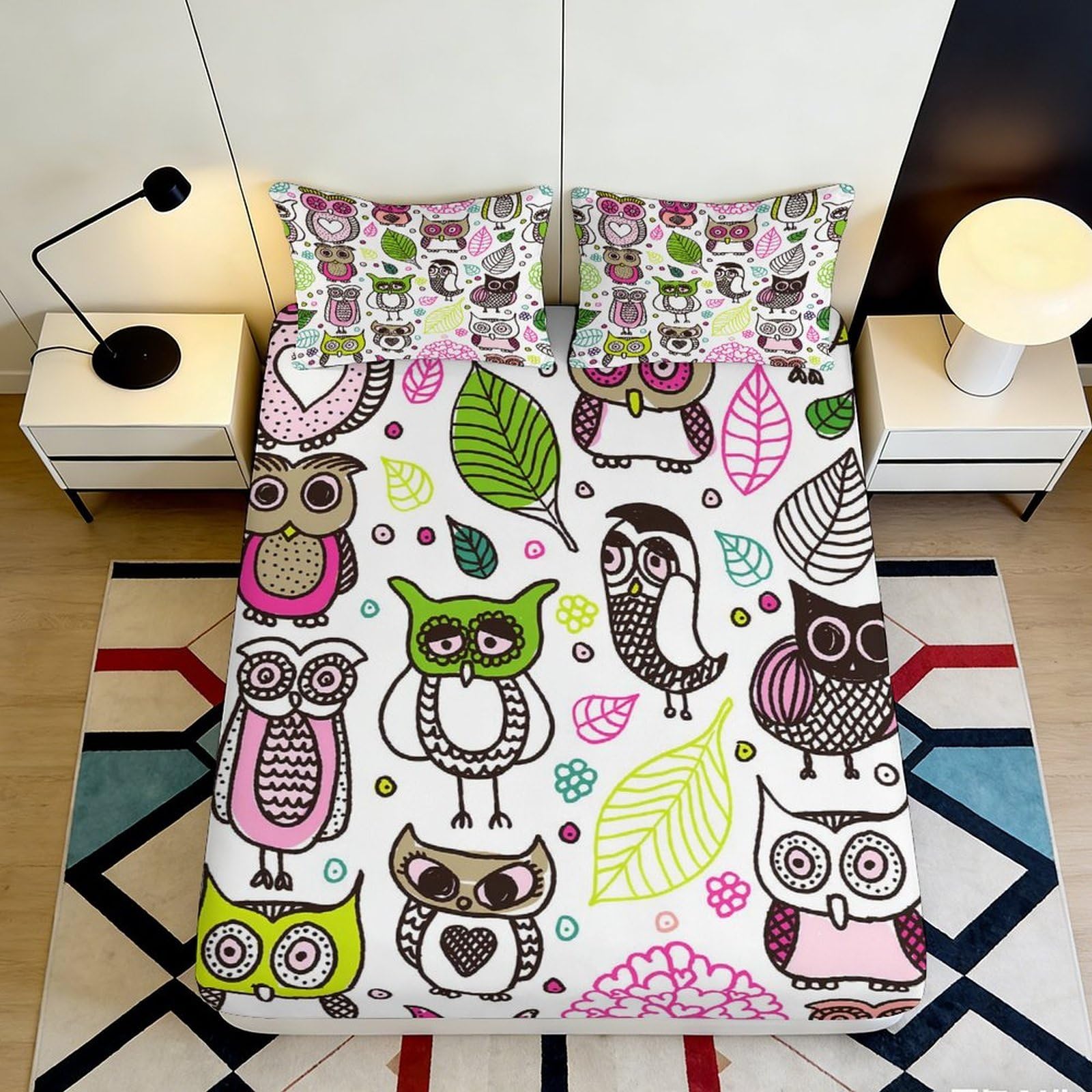 3D Printed Cartoon Owl Fitted Sheet Microfiber Soft Colourful Leaves Bed Cover for Bedroom Dorm Mattress Decor 90x200x25cm
