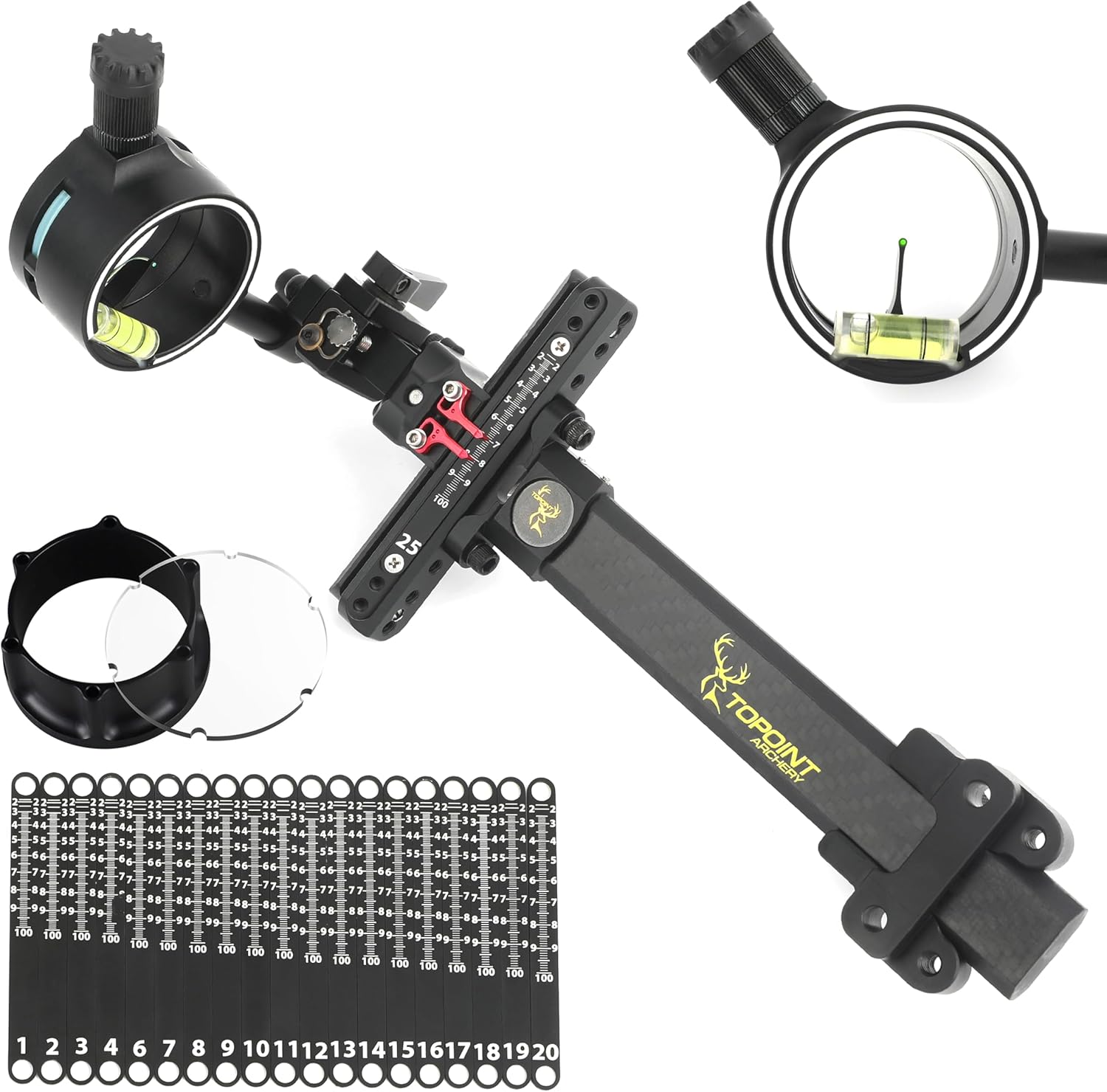 Compound Bow Sight 1 Pin,4X 6X 8X Lens, 0.019" Fiber, Carbon Fiber Long Bar, Micro Adjustable Sight Right-Hand High-end Competitive Outdoor