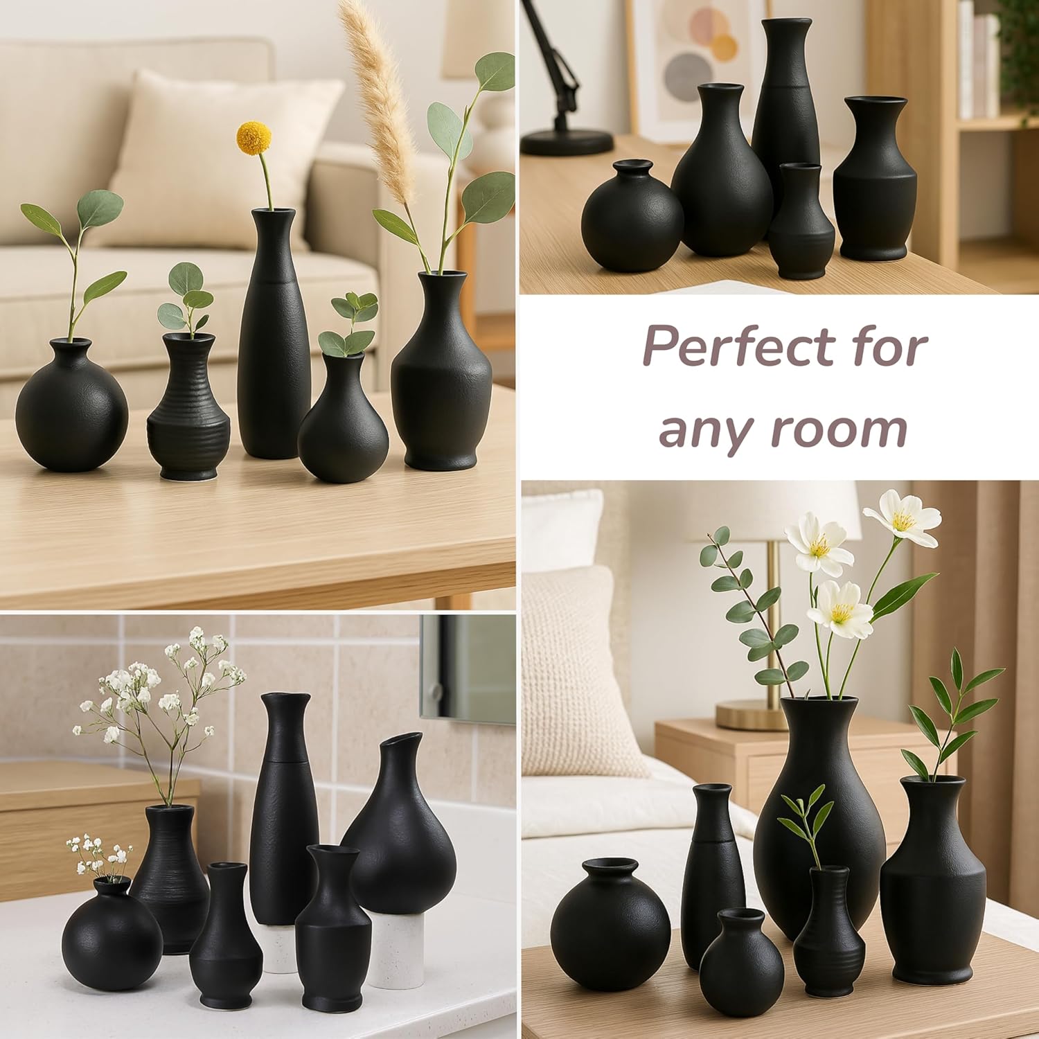 Fit'n Furnish 5-Piece Bud Vases Set (Small) – Black Ceramic Mini Vases for Flower Vase Styling, Perfect for Home Decor, Table Centerpieces, Bookshelf Decor | Elegant Black Vases for Dried Flowers vase