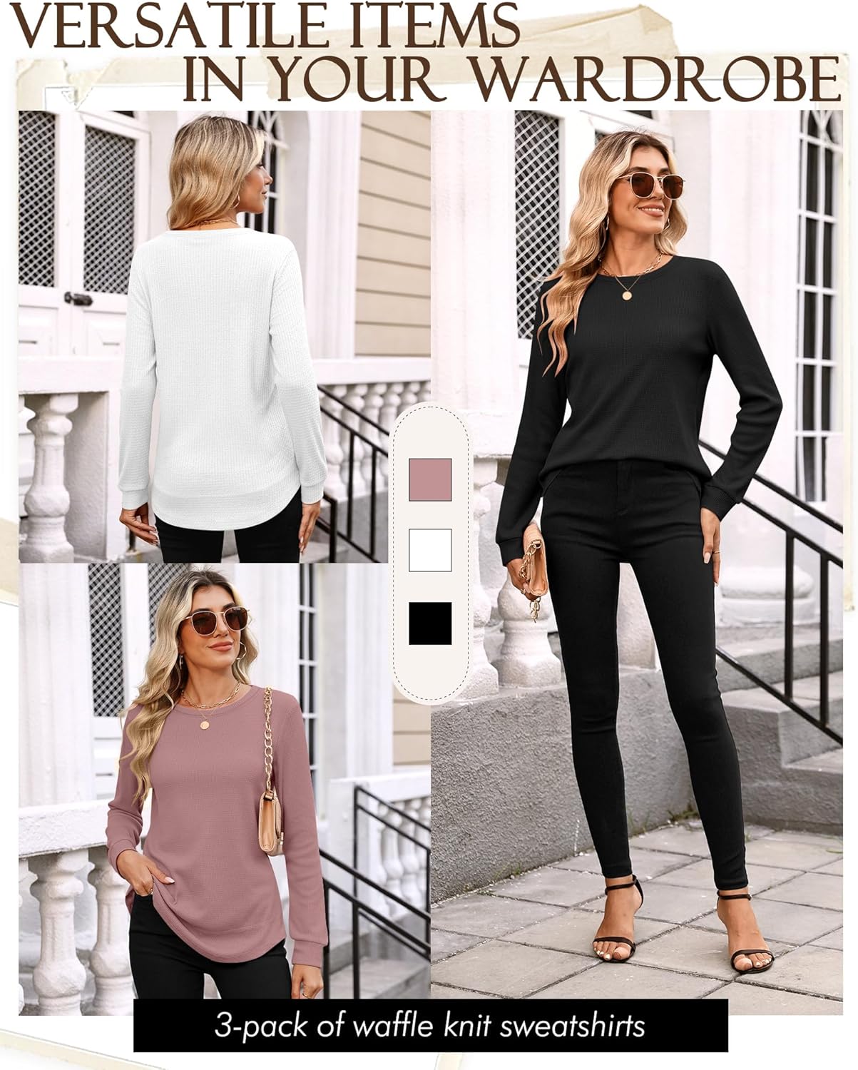 3 Pack Women's Waffle Knit Sweatshirts Crew Neck Long Sleeve Tops Casual Loose Fit Pullover Tees Curved Hem Shirts - Image 5