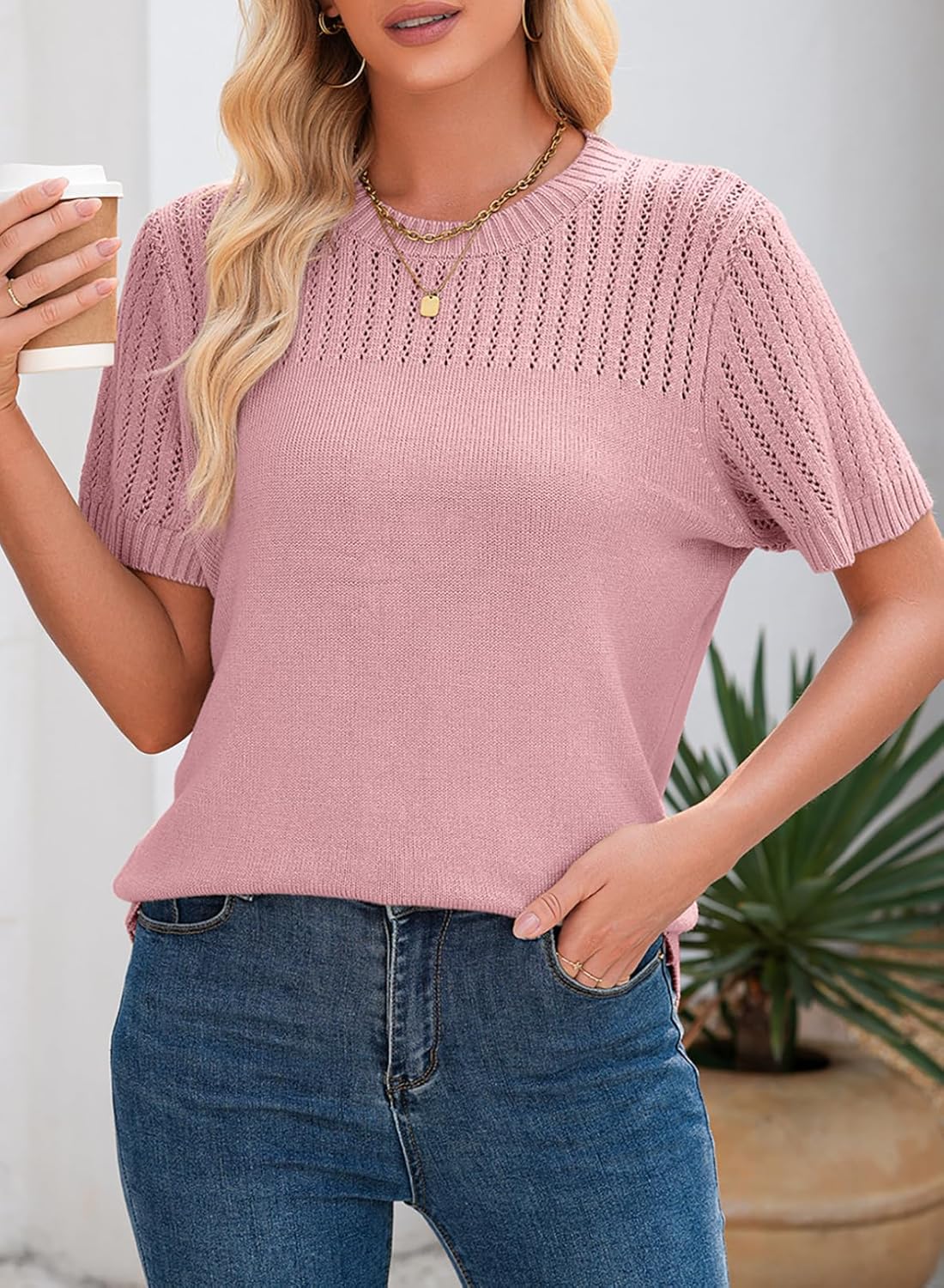 Dokotoo Womens Summer Tops Dressy Casual Crewneck Short Sleeve Shirts Solid Hollow Out Knit Loose Sweater Blouses - Image 3