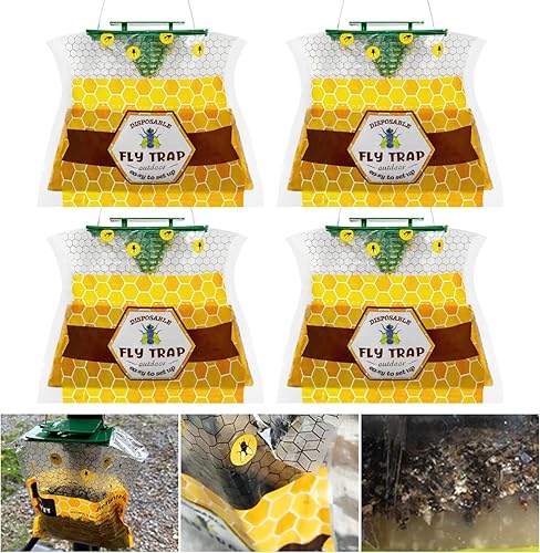 Paquete de 4 bolsas para moscas con cebo, trampa para moscas ranchas, trampas desechables para moscas al aire libre, matamoscas para moscas, trampa