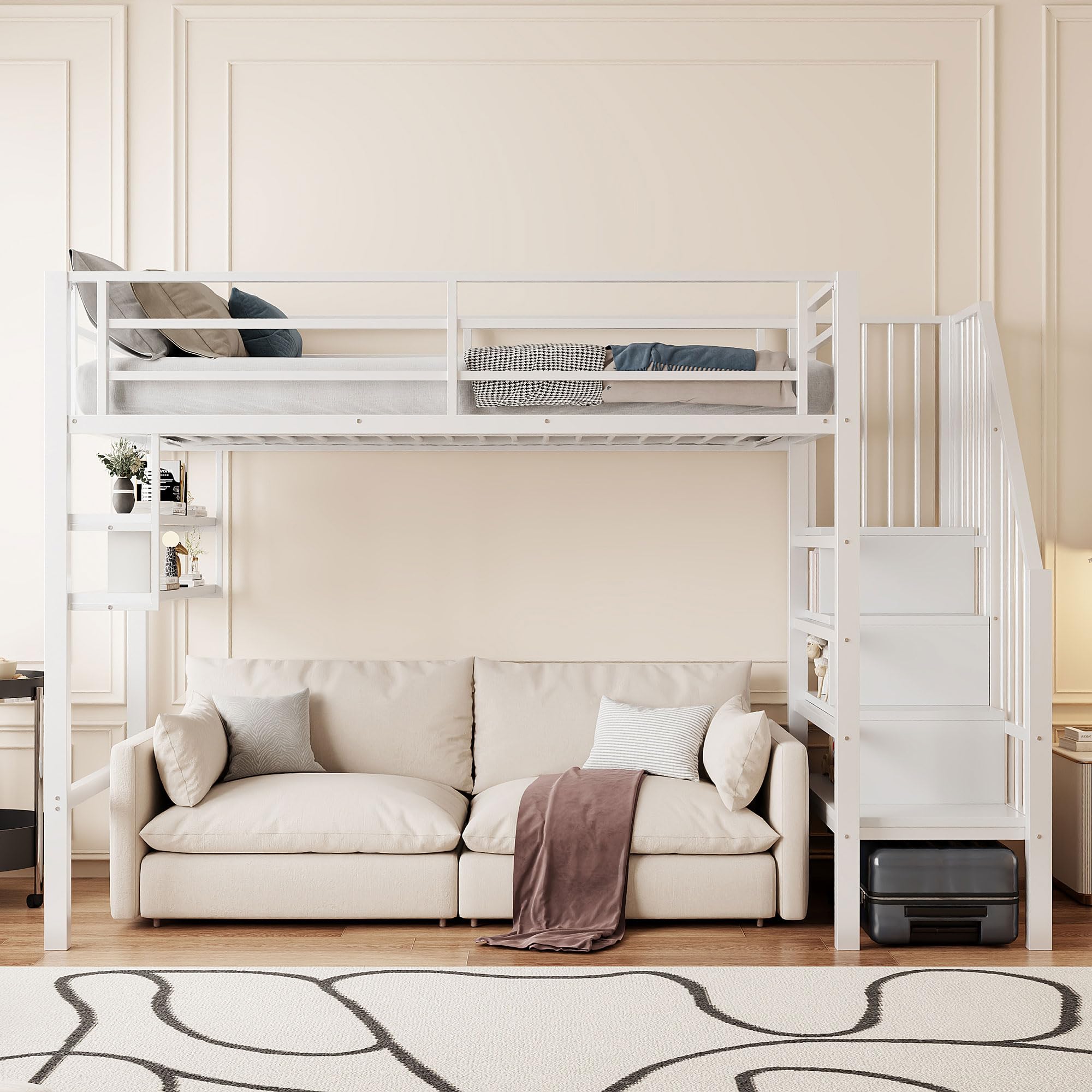 Moimhear Cama alta, 90 x 200 cm, cama de hierro, estantes, escalera de almacenamiento, espacio libre debajo de la cama para disfrazarse, barandilla, sin colchón (blanco)