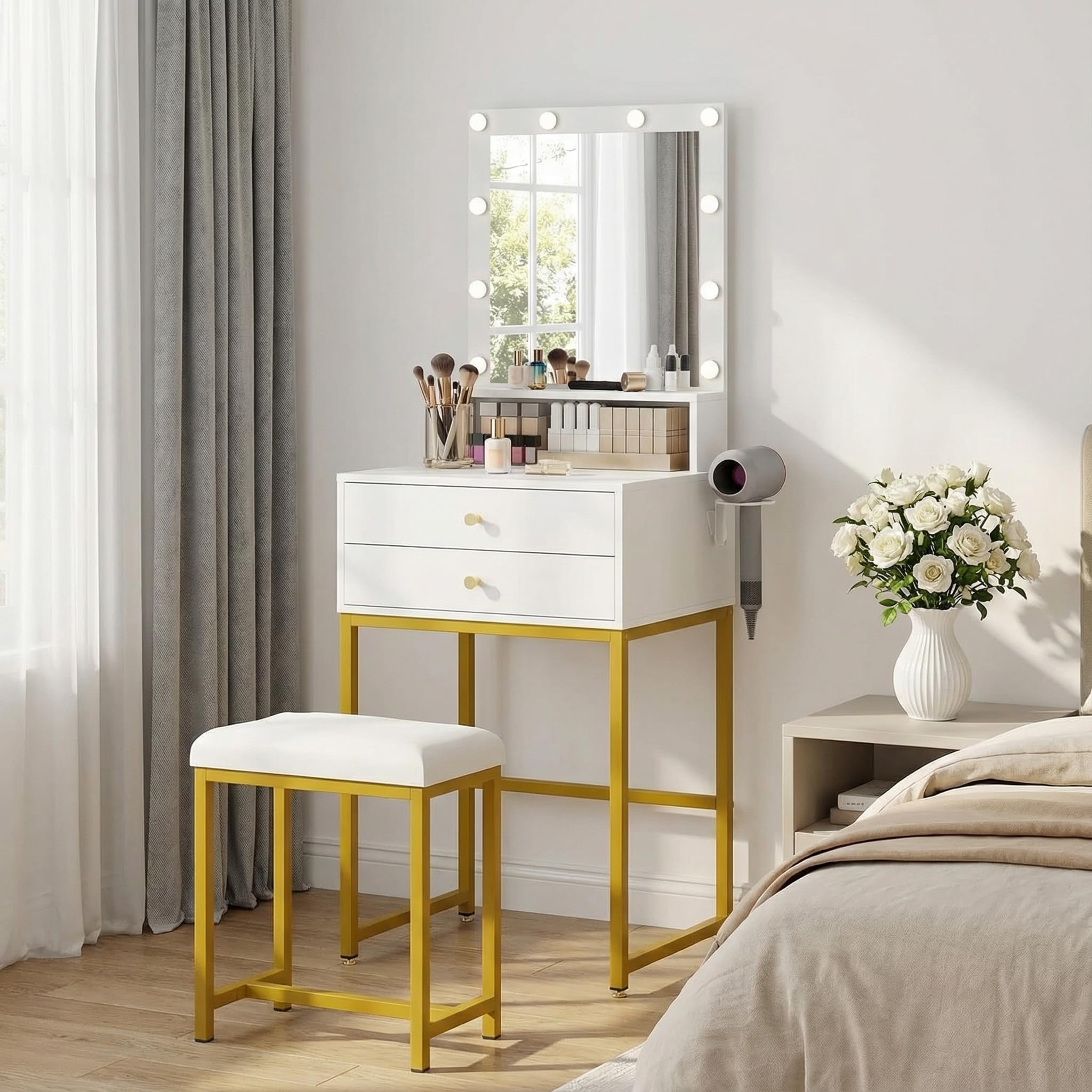 YOURLITE Modern Dressing Table with LED Lights (3 Light Colors), Small White Vanity Desk with Mirror and Two-Layer Drawers, Compact Makeup Table with Hair Dryer Rack and Cushioned Stool
