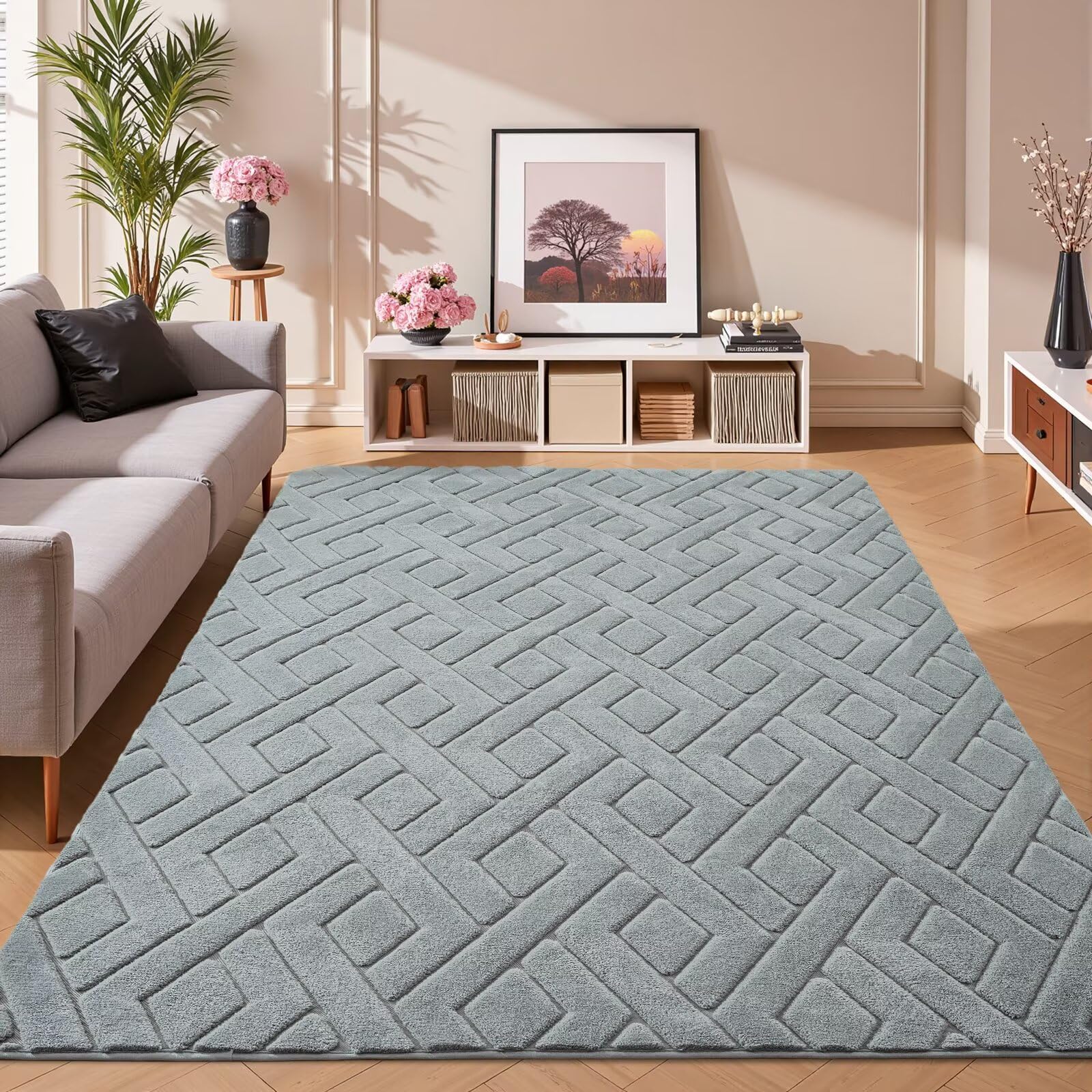 Alfombra de área lavable gris de 3 x 5 pies para dormitorio, alfombra geométrica moderna para sala de estar, alfombra gruesa y suave de espuma viscoelástica para habitación de niños