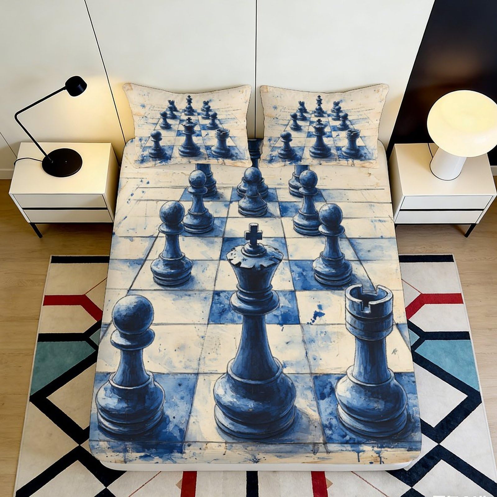 3D Printed Blue Chess Fitted Sheet Microfiber Soft Non Slip Mattress Cover Artistic Bedroom Dorm Decor Easy Care 90x200x25cm
