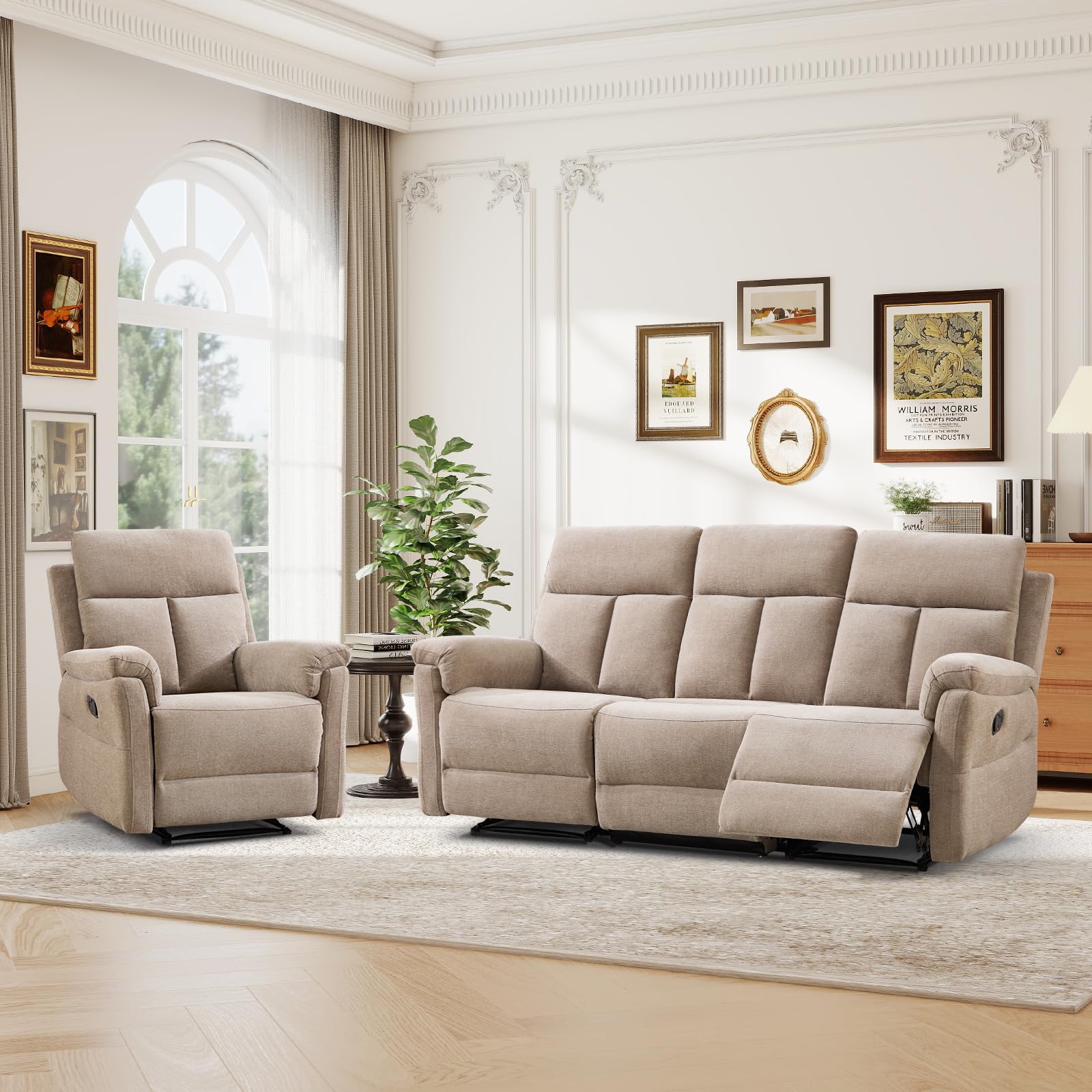 ANJ 2-Piece Manual Recliner Sofa Set, Recliner Chair and 3 Seat Reclining Sofa with Overstuffed Backrest and Supportive Backrest, Fabric Reclining Couch Set for Living Room, Camel
