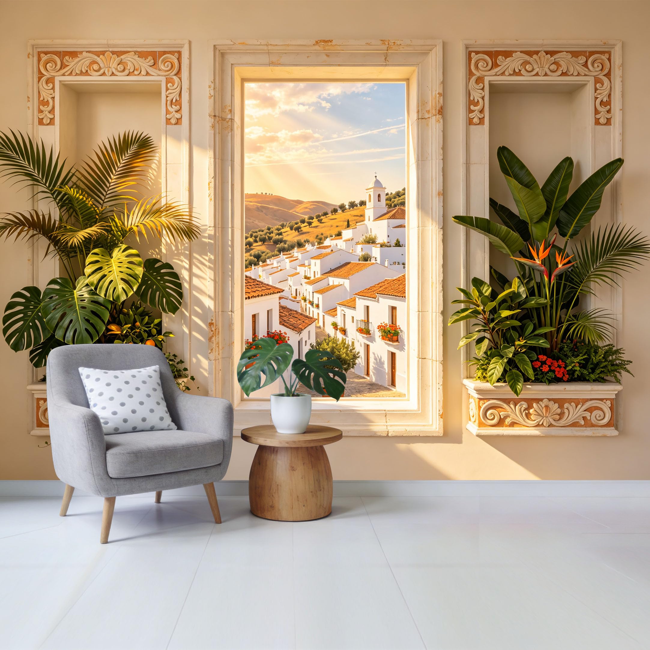 Custom Size Wall Mural Mediterranean Coastal Village View with Tropical Botanical Plants and Window Frame Removable Self Adhesive Fabric Home Wall Decor for Living Room Bedroom Bathroom