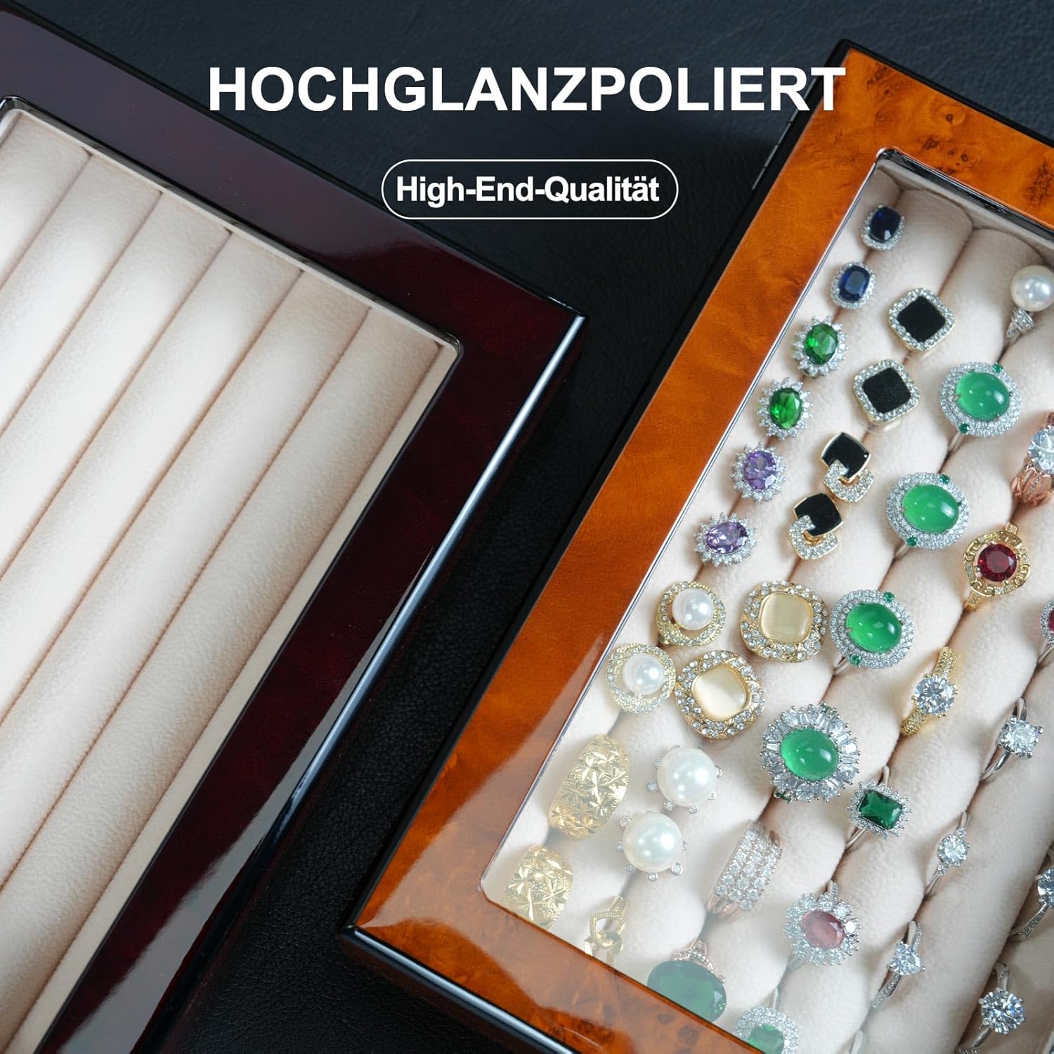 Wooden Ring Box Earring Storage Box Jewelry Organizer for Women, Top Glass Window - Magnet Closure, Men's Cufflink Box At Least for 24 pairs Cufflinks or 40 Rings Holder Display (Burgundy)