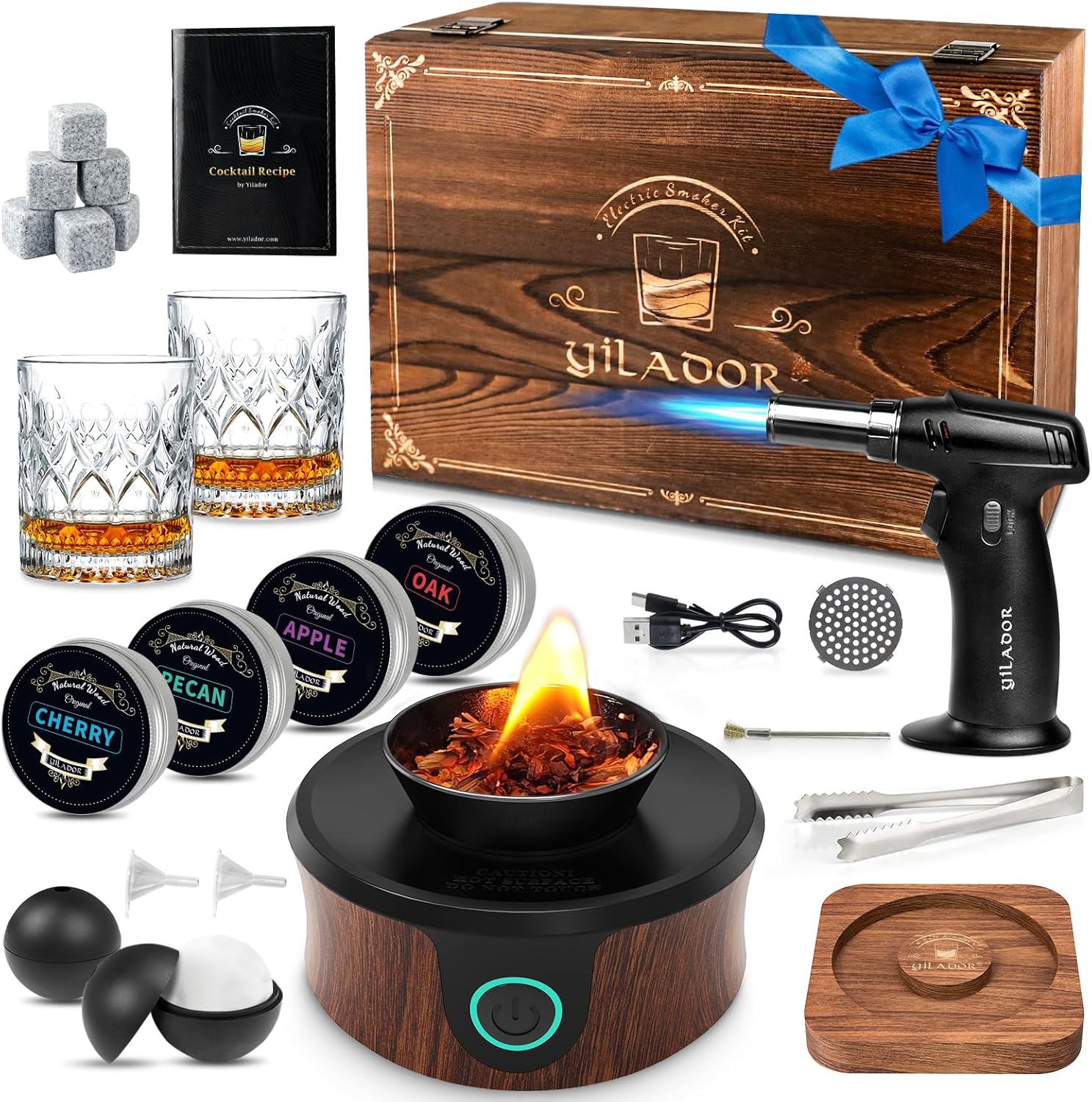 Electric Whiskey Smoker Kit, Luxurious Wooden Box, Whiskey Gifts for Men, with Torch, 4 Wood Chips, Ice Molds, Recipe, Stones, Old Fashioned Bourbon Cocktails Smoker, (Without Butane)