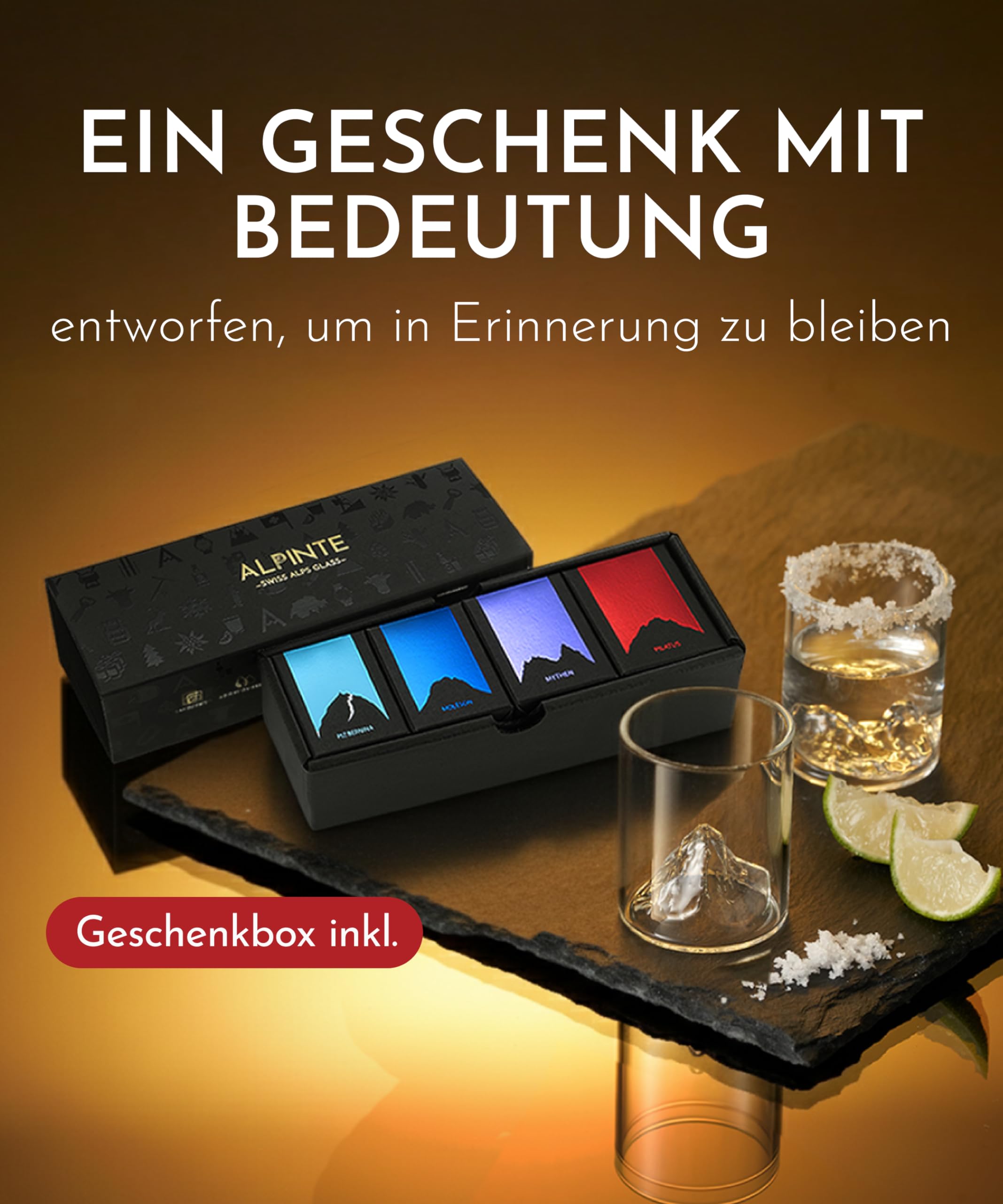 Premium Schnapsgläser 6er Set (3cl) mit Bergmotiven – handgefertigte Shotgläser aus Borosilikatglas, Spülmaschinenfest, 3cl Likörgläser in Geschenkbox