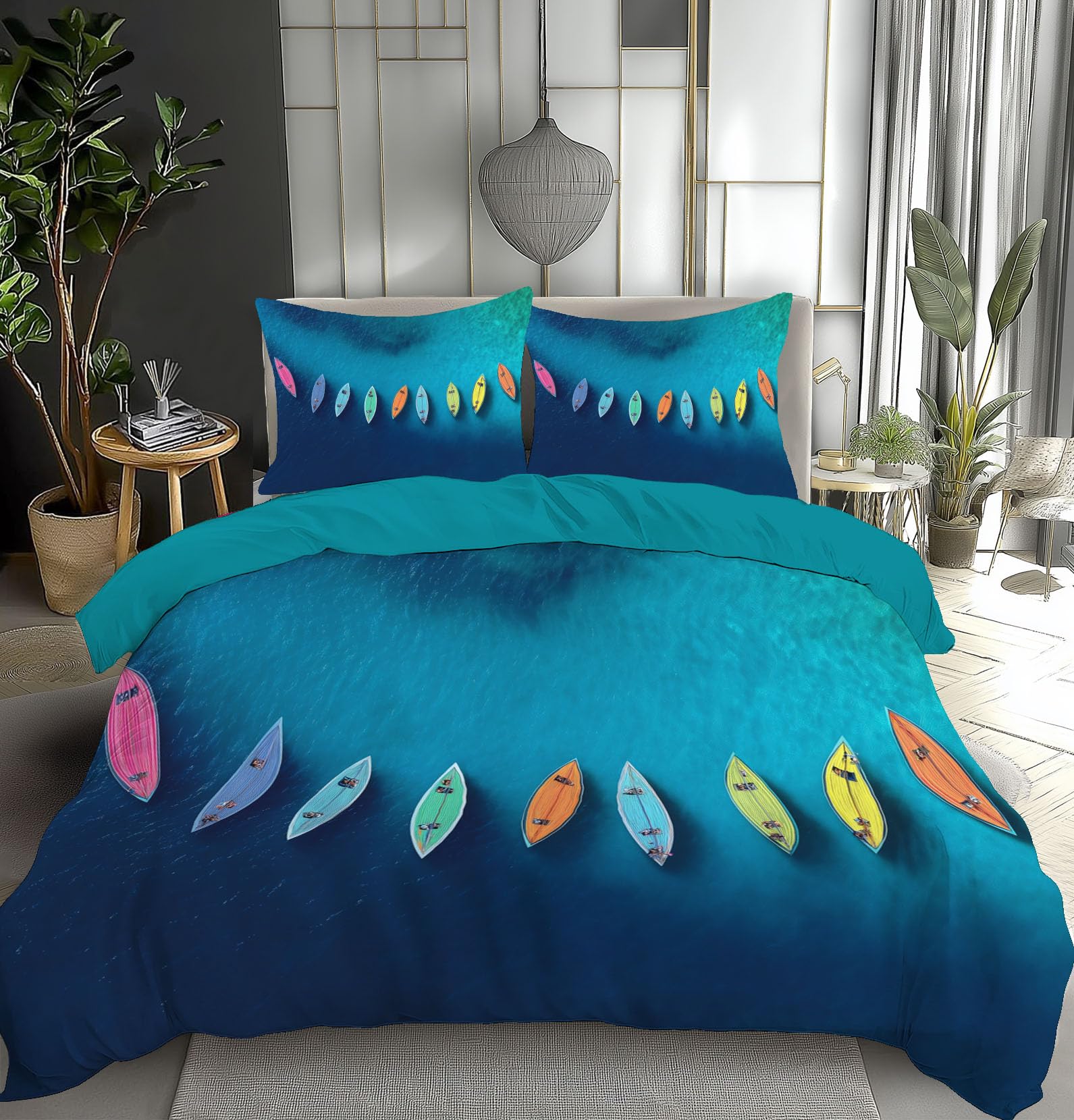 Housse de Couette 220x240cm Bleu Océan Parure de Lit Imprimé Mer Bateaux