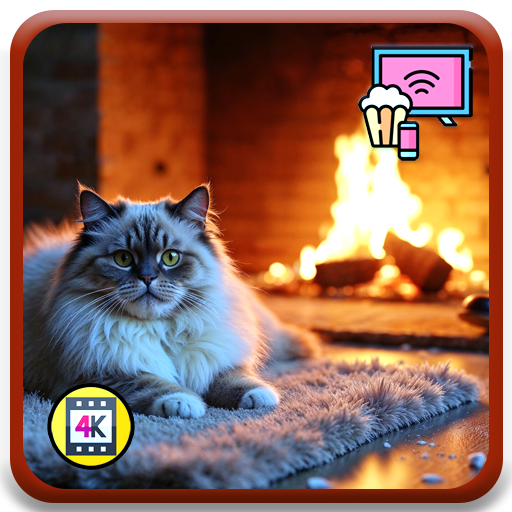 Schnurrende Katze am Kamin – Gemütlicher Kamin & schlafende Katze mit Wetter & Uhr