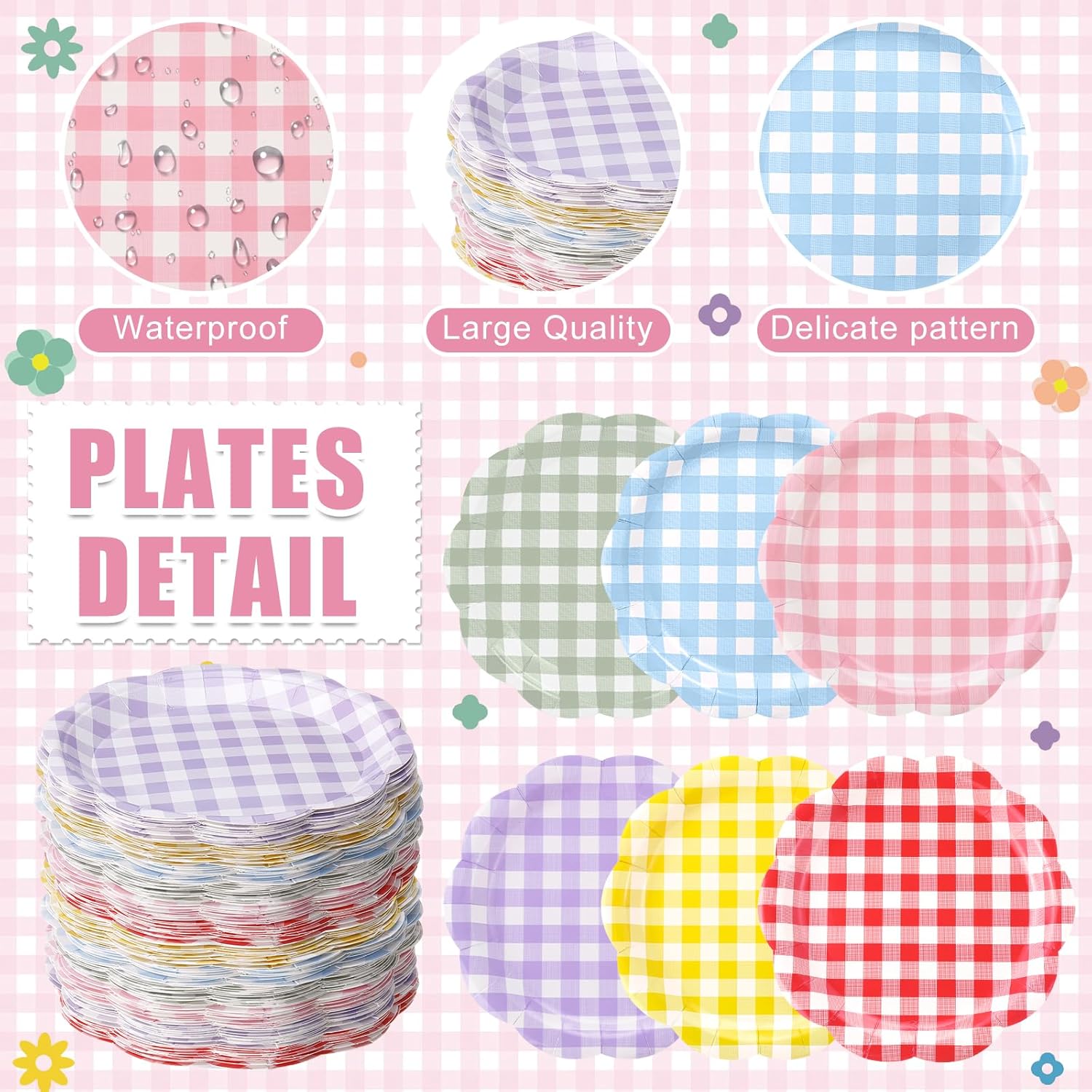 Umigy 120 Pcs Gingham Paper Plates 7 Inch Pastel Party Dessert Plates, Spring Gingham Disposable Decorative Plate for Birthday Wedding Baby Shower Tea Party Bridal Shower & Picnic