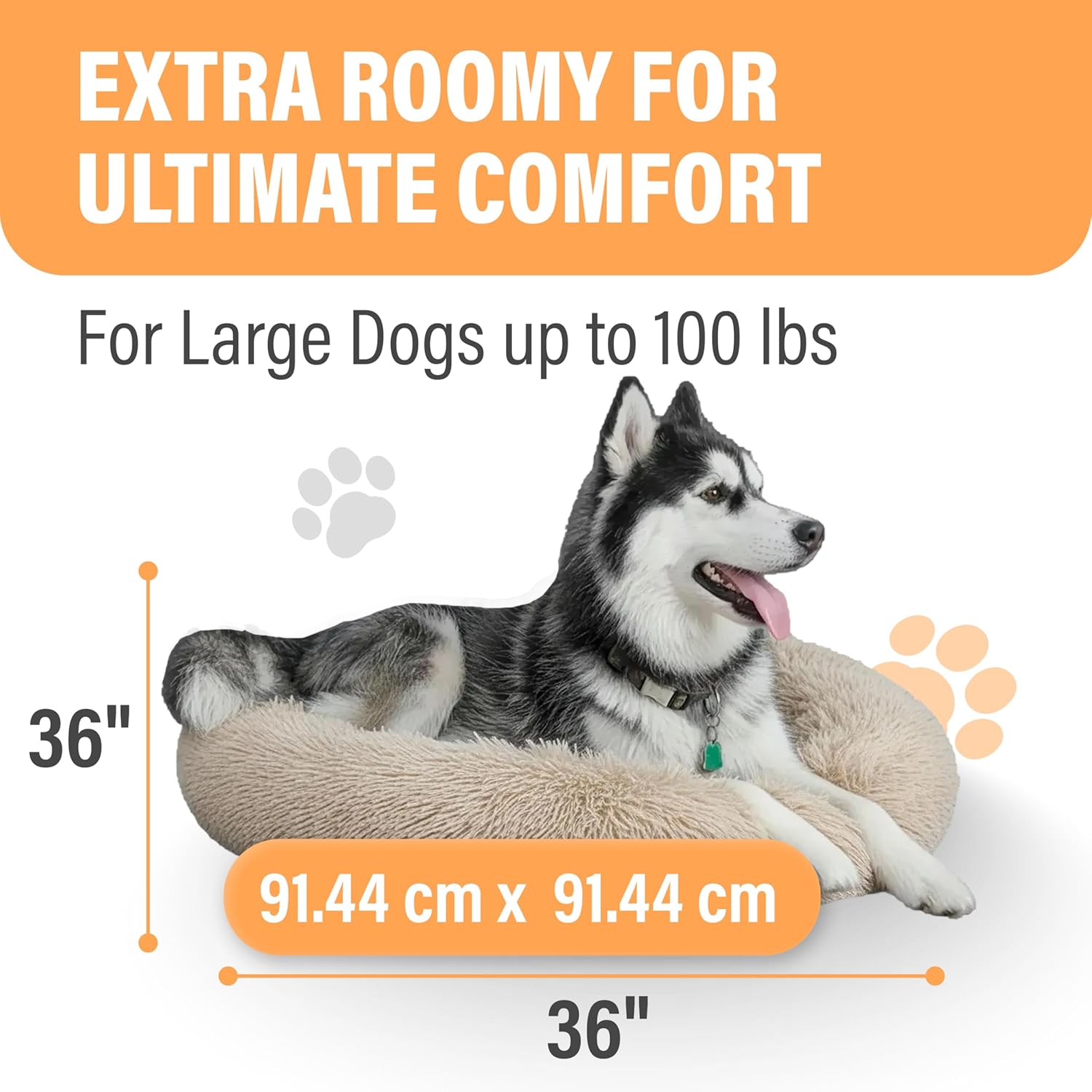 Active Pets Calming Plush Dog Bed Donut Joint Support Anxiety Relief Washable Pet Bed with Removable Cover for Dogs Cats, Large 36", Beige