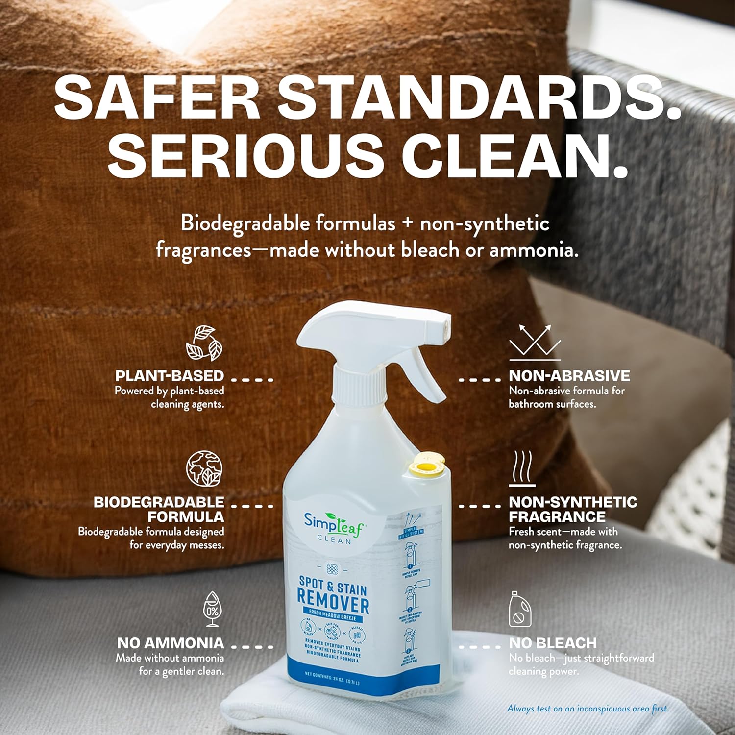 Simpleaf Clean Spot & Stain Remover | Refill System Cleaners| Tough Stain Lifter for Clothes, Carpets & Upholstery | Fresh Meadow Breeze |24oz x 4