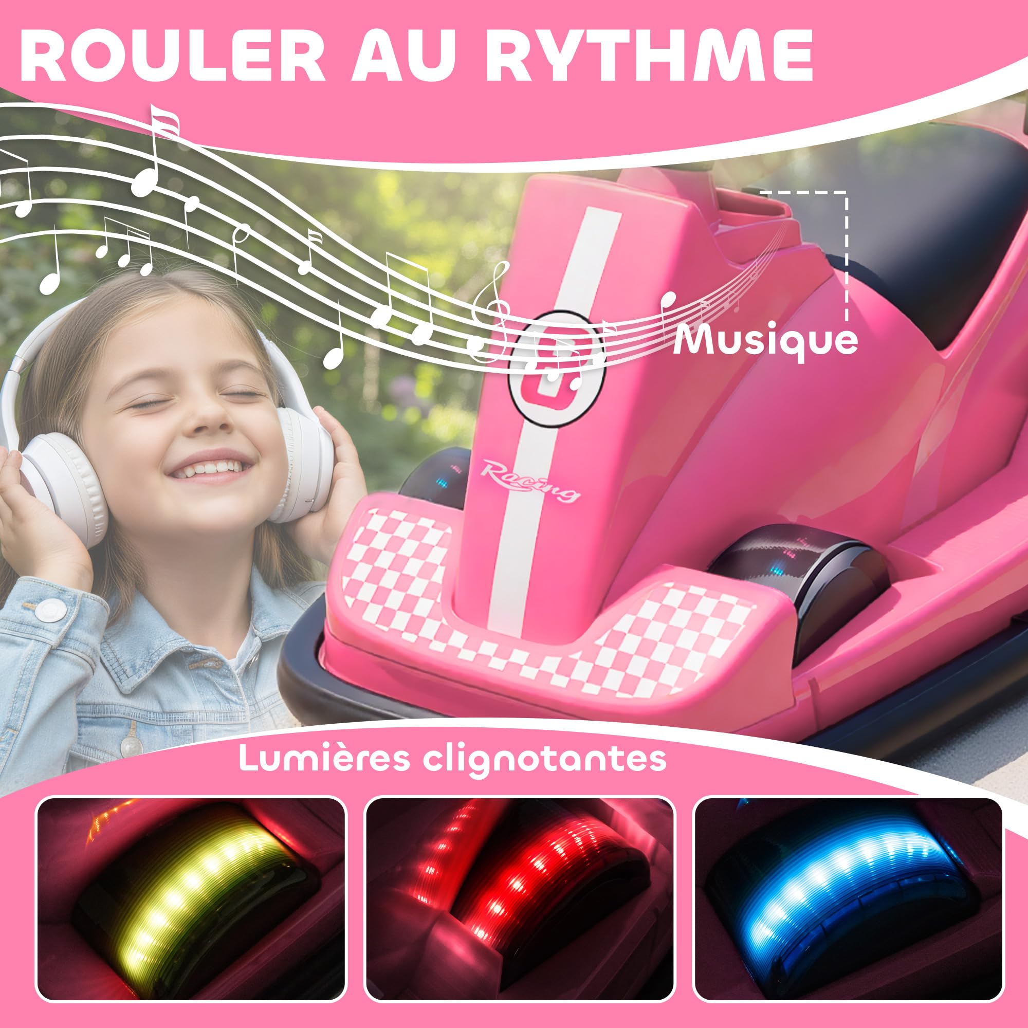 AIYAPLAY Auto-Tamponneuse Enfant 6V Rotation à 360° pour Âges 3-8 Rose | Double Moteur, Musique, Klaxon, Lumières LED, Démarrage Doux, 2,5 km/h, Voiture Tamponneuse Électrique Enfant