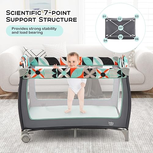 Miniatura 8 de BABY JOY 4 en 1 Pack and Play, corralito portátil para bebé con moisés, puerta lateral con cremallera, cambiador, centro de guardería de viaje para