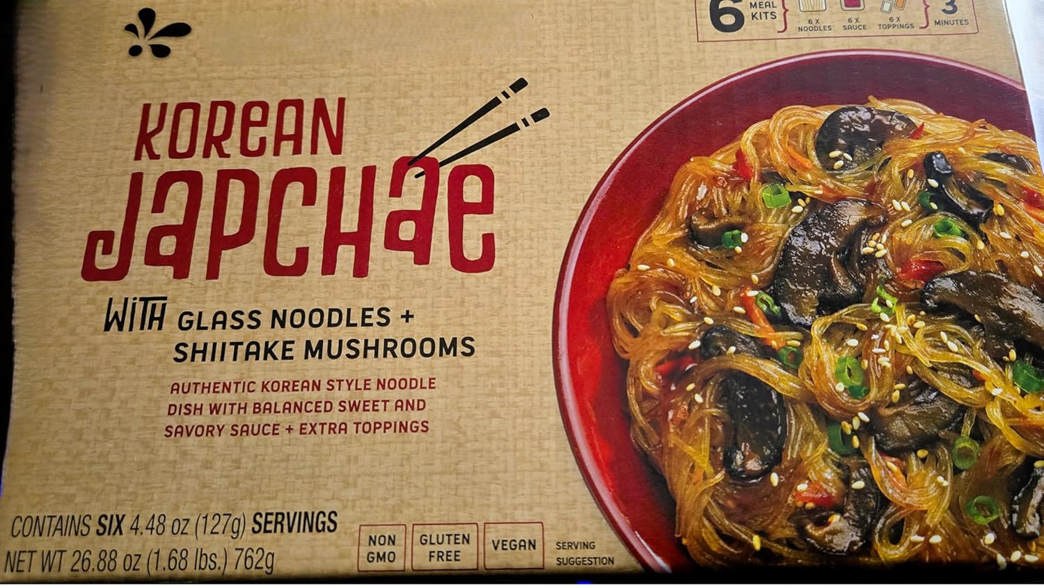 Korean StreetFood Japchae with Glass Noodles + Shiitake Mushrooms Korean Style Noodle Dish with Balanced Sweet and Savory Sauce+ Extra Topping Six Meal Kits 4.48 Oz/(127g) Total 762g