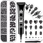 2060Pcs Black Glass Nail Rhinestones 60Pcs Multi Shapes Flatback Nail Gems + 2000Pcs 1.5-4mm Round Crystal with Rhinestones Glue Gel, Manicure Nail Charms Diamond Gemstones for Nail Art