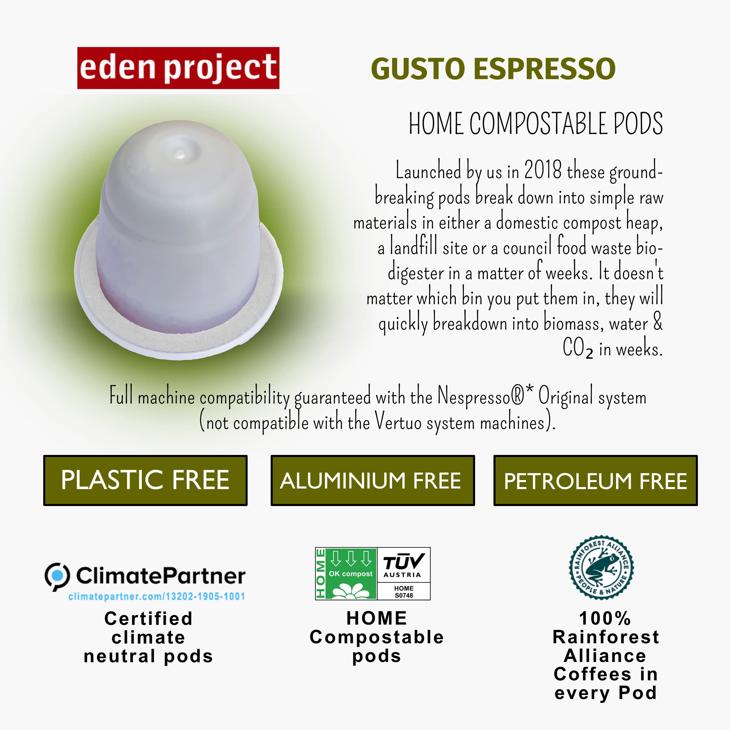 THE EDEN PROJECT Home - Cápsulas de café compostables, compatibles con máquinas de café Nespresso Original System, paquete de 100 cápsulas de valor extra (Gusto Espresso)
