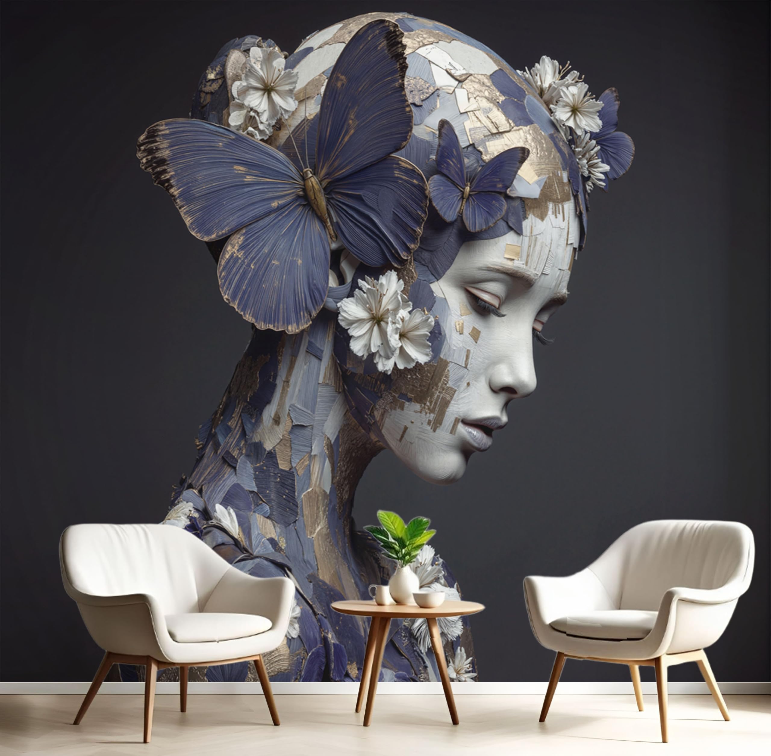 Papier Peint Panoramique Rétro Portrait 400x280cm, Fille Au Tableau Papillon Fleur Sauvage Huile Papier peint photo soie, Bleu Gris Murales Poster soie - pour Salon Chambre à Coucher Décor Fond TV