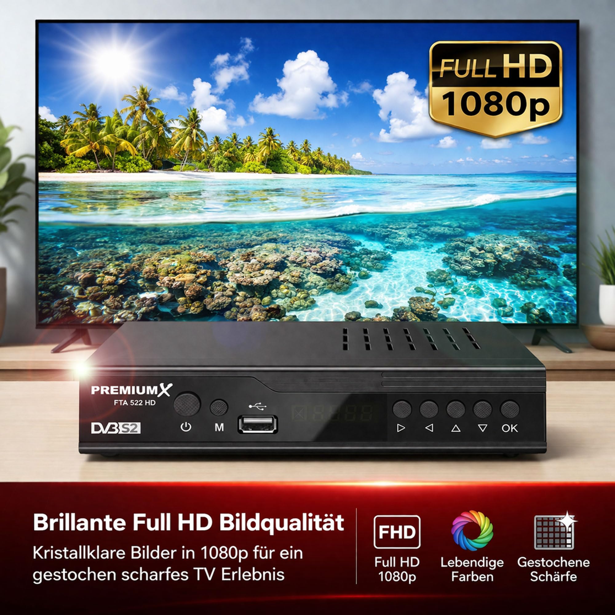 Sat Receiver FTA 522 HD DVB-S2 Digital Satellitenreceiver Unicable HDMI SCART 2x USB Media Player 12V FullHD