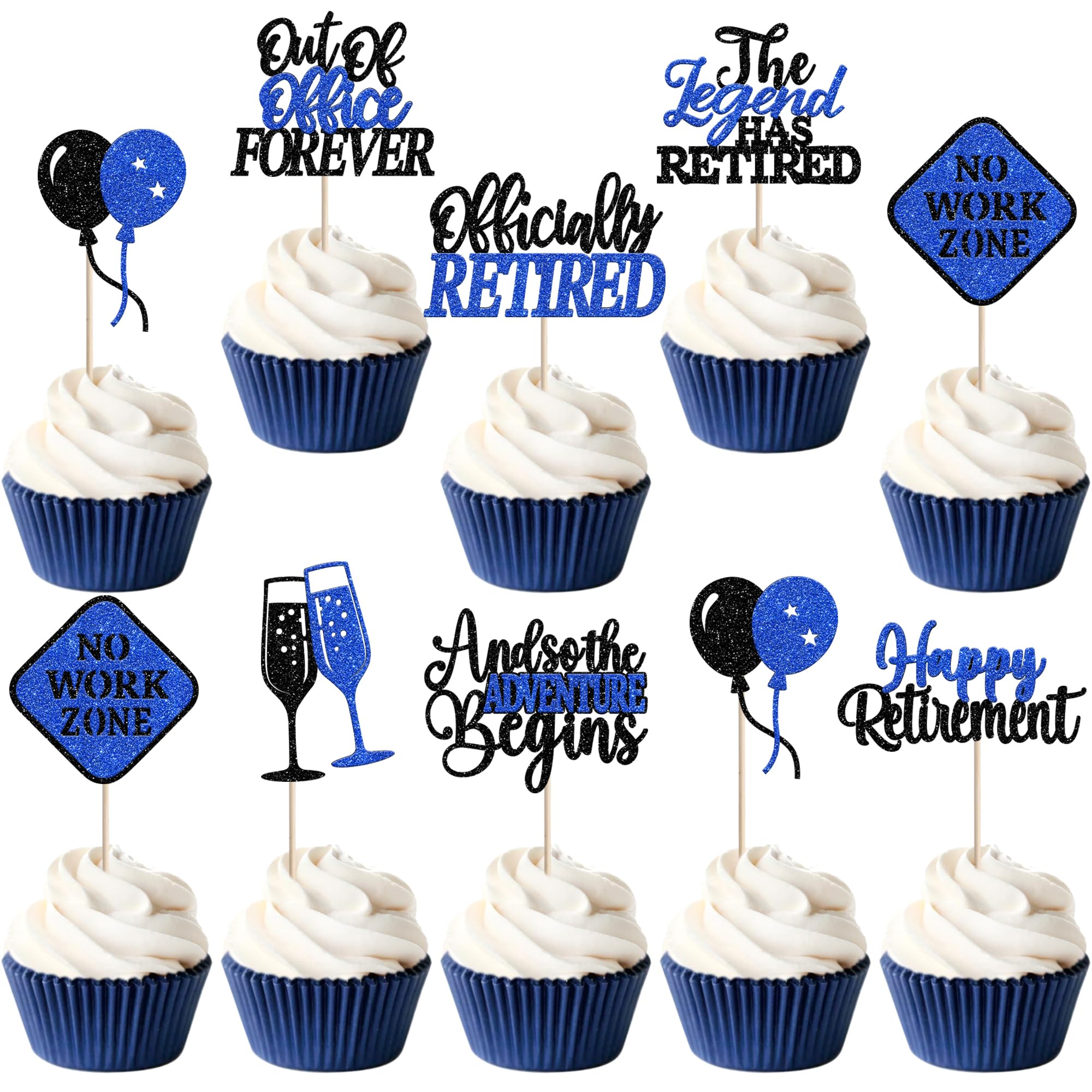 24 Pack Happy Retirement Cupcake Toppers Out Of Office Forever No Work Zone Cupcake Picks The Lagend Has Retired Cupcake Decorations for Officially Retired Party Cake Decorations Black Blue