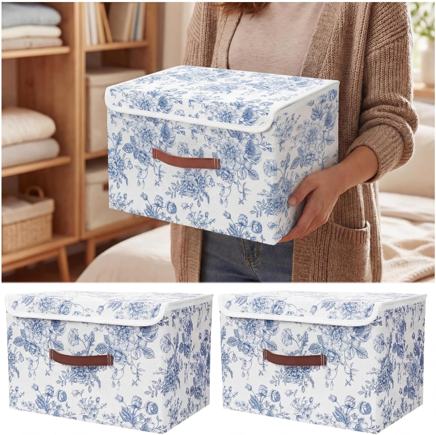 2 Pack Blue Floral Storage Bin with Lids Handles Large Blue and White Porcelain Storage Boxes 15x10x10 Inch Foldable Fabric Basket Decorative Cube Organizer for Clothes Nursery Home Dorm