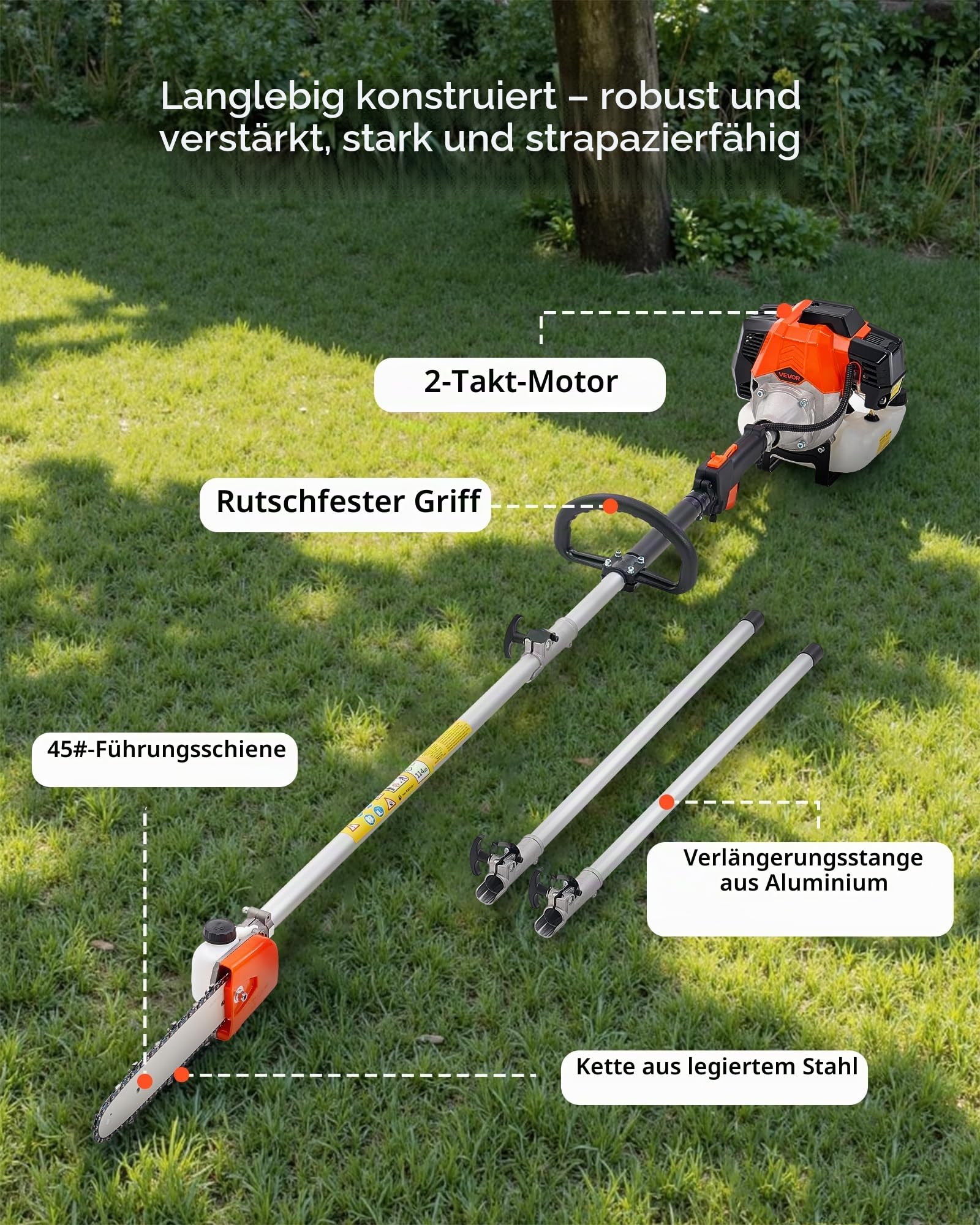 VEVOR Benzin-Hochentaster, 43ccm Hubraum 2-Takt Motorsäge, Teleskopsäge mit 2,08–3,58 m ausziehbarer Stange, 25,4 cm Schwert, 850 ml Kraftstofftank, für kraftvolles Sägen in hohen Baumkronen