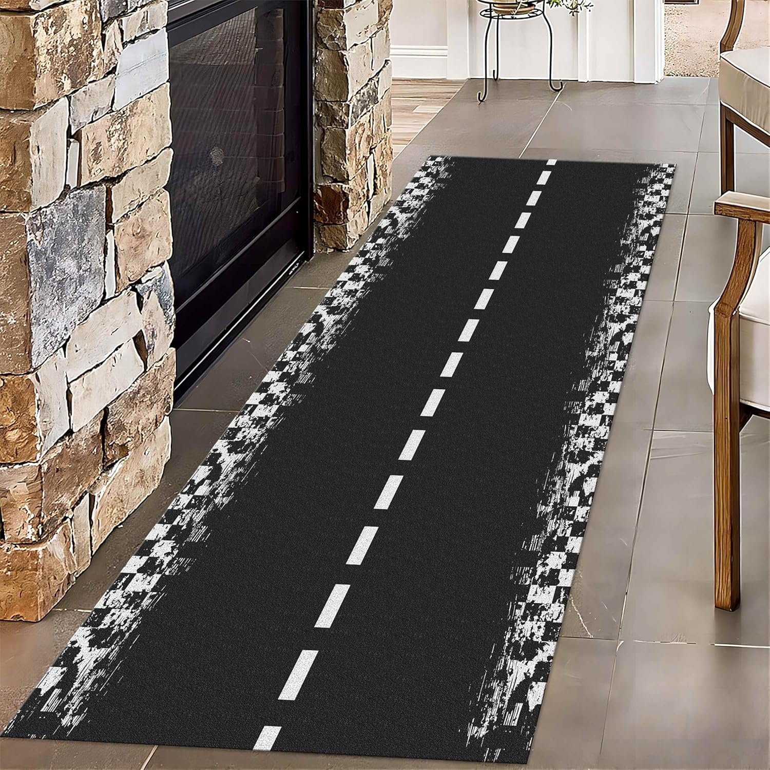 Kuluoits Race Track Area Rug, 60x120cm Black and White Simple Grid Line Road Print Hallway Carpet, Soft Durable Machine Washable Indoor Long Rugs Mat for Living Room Entrance Kids Room