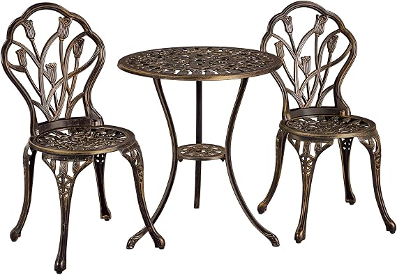 Yaheetech 3 Piece Patio Bistro Set, Aluminum Round Table & 2 Chairs, Bronze