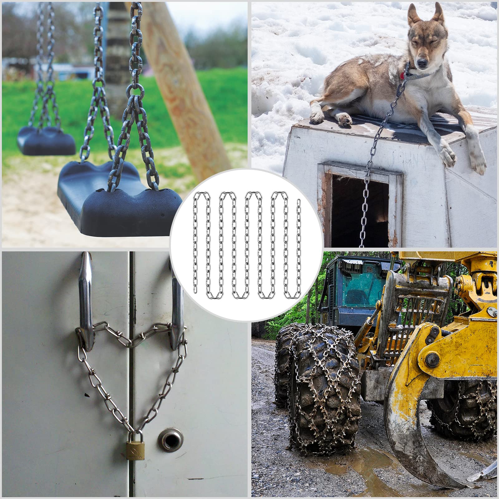 VEVOR Chaîne à Maillons en Acier au Carbone Galvanisée, 5,1 mm x 30,48 m, Capacité de Charge 498 kg, 2 Connecteurs Rapides, Chaîne pour Remorquage, Suspension, Camping, Attacher Animaux de Compagnie