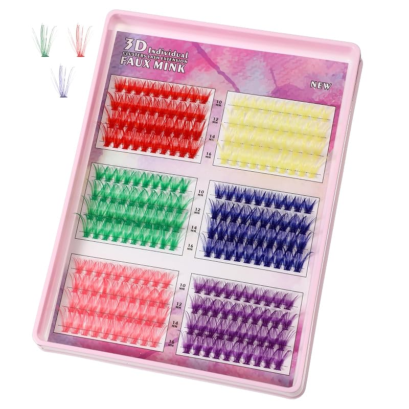 Josojoou Kit com 240 Cílios Postiços em Tufo Coloridos, 6 Cores, Curvatura C, 10 mm, 12 mm, 14 mm e 16 mm