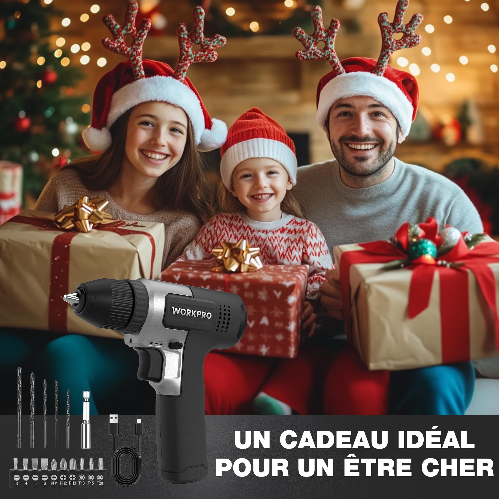 WORKPRO Kit de Perceuses Visseuse Sans Fil 8V Noir, Visseuse Devisseuse Sans Fil 2000mAh, Couple 12Nm, Mandrin de Perçage 10mm, LED Lumière, Kit d'Accessoires Complet, pour Réparation Maison DIY