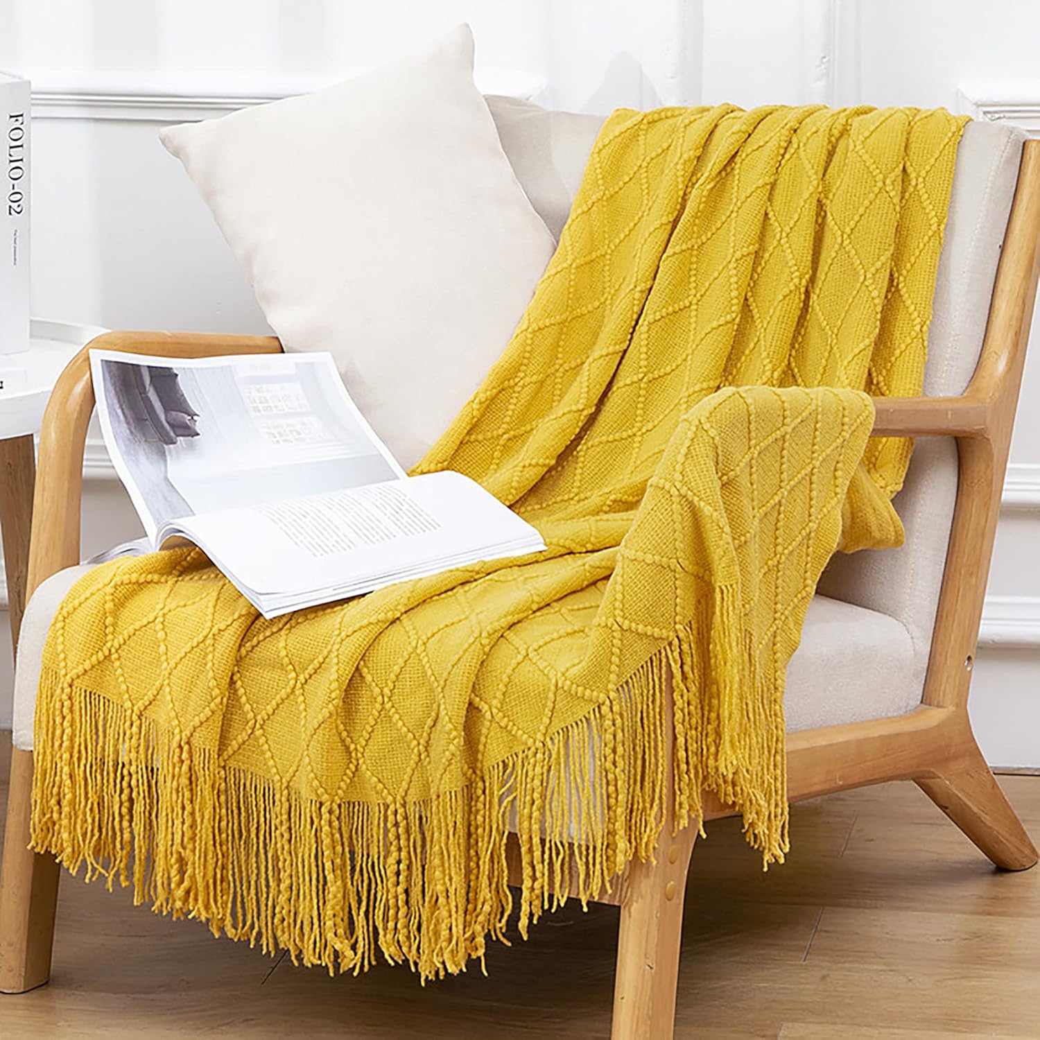 Light Blue Tassel Throw Blanket,Soft Acrylic Fabric Knitted Blanket for Couch and Beds,51 x 70 inch(130 x 180 cm)