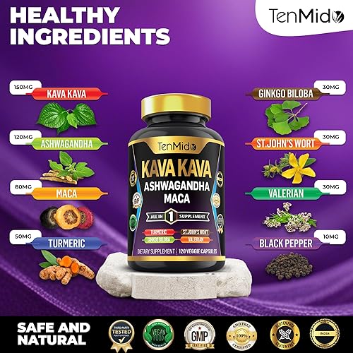 Miniatura 3 de Suplemento de raíz de kava kava  Fórmula 8 en 1  Combina con Ashwagandha, Maca, cúrcuma, ginkgo biloba, hierba de San Juan, valeriana y pimienta